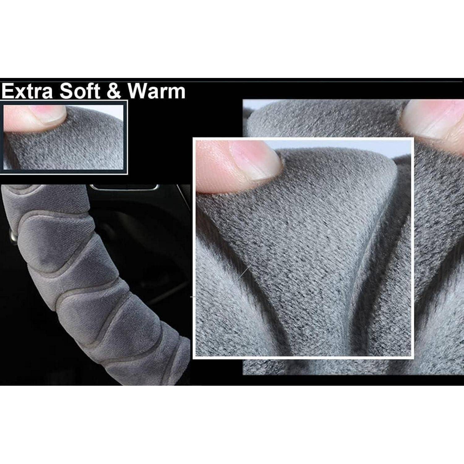 Collage mit grauem Plüschstoff mit Nahaufnahme der Textur und einem verpackten Artikel mit der Beschriftung „Extra weich und warm".
