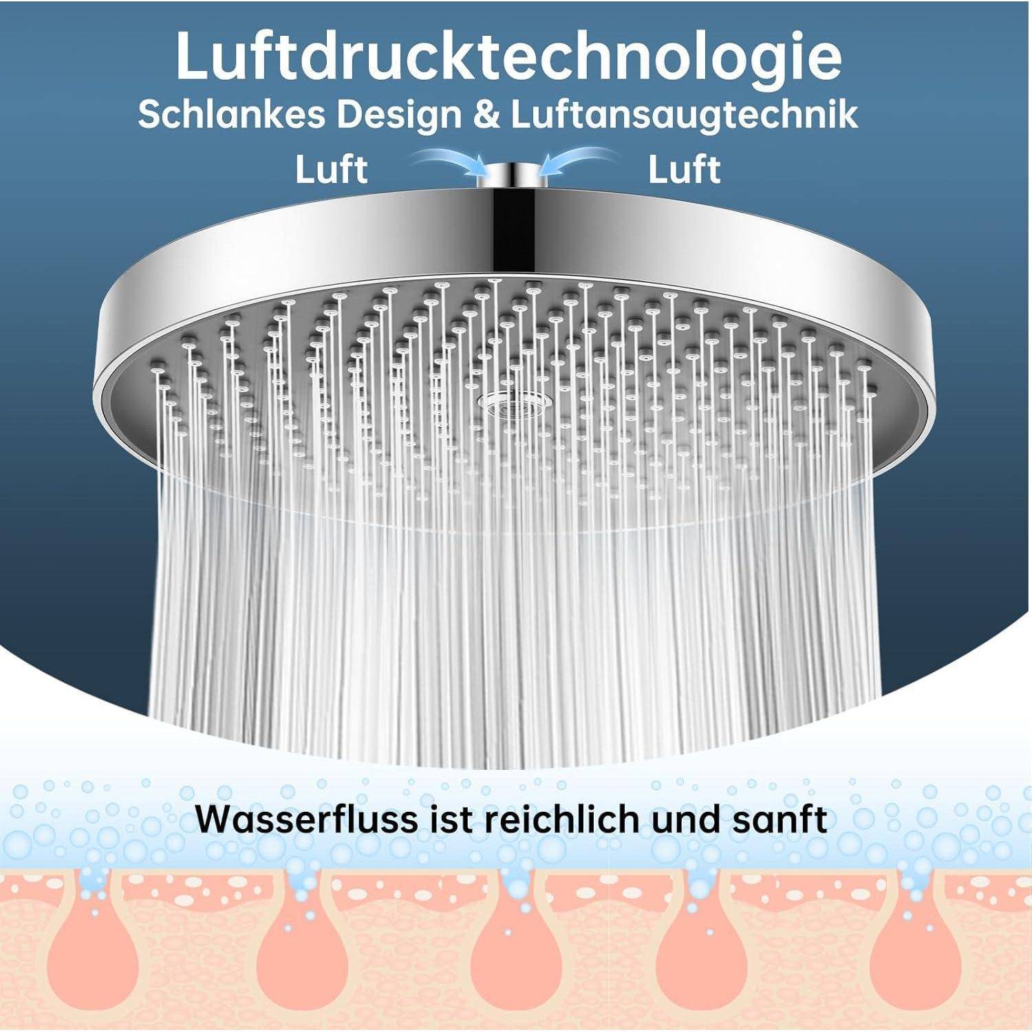 Deutsches Duschkopf-Angebot mit schlankem Design-Deckenduschkopf, der viele feine Wasserstrahlen sprüht, mit Text „Luftdüsentechnologie