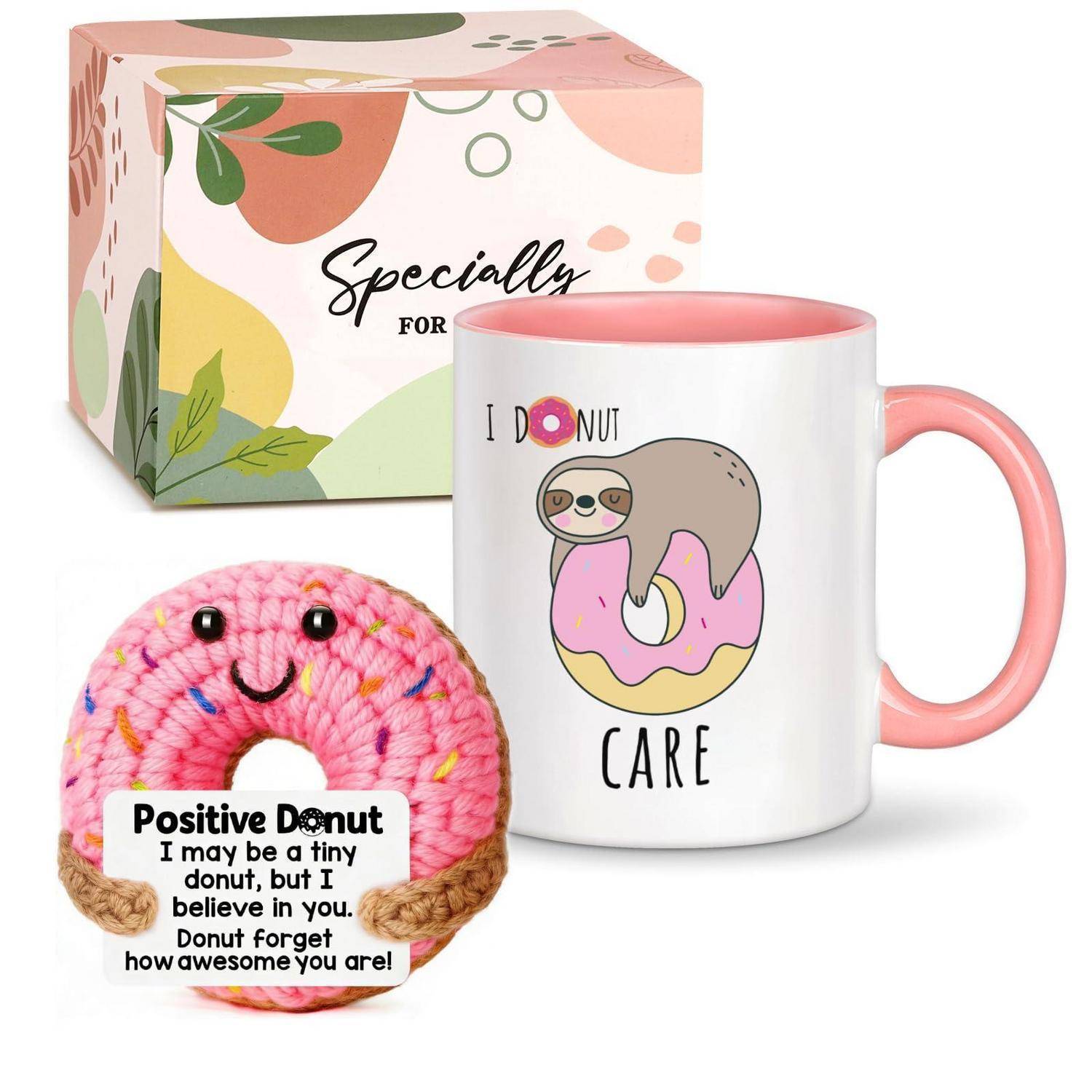 Geschenkset mit Blumenbox, rosa Henkel-Tasse mit der Aufschrift 