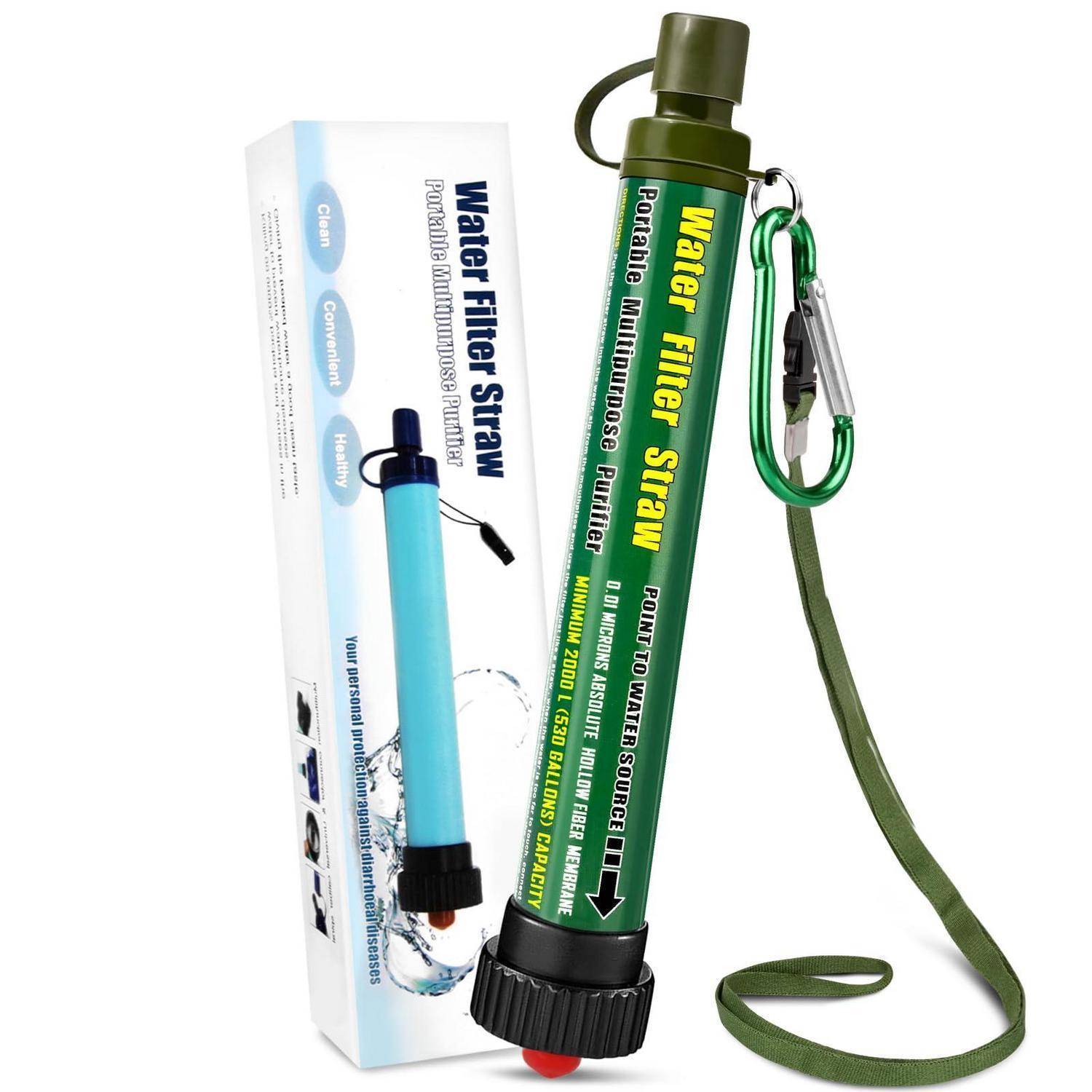 Tragbarer grüner Wasserfilter-Strohhalm mit Karabiner und Riemen neben seiner Boxverpackung.