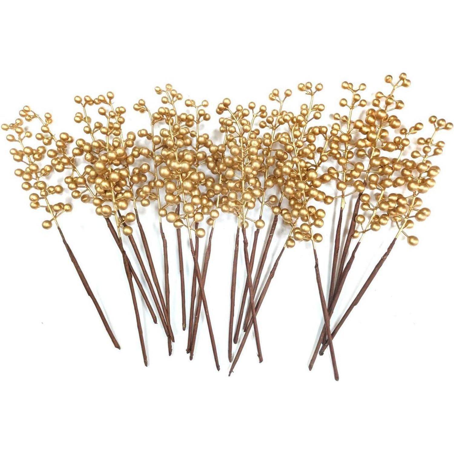 Sortierte Blumenstecker aus Goldbeeren mit dünnen braunen Stielen auf weißem Hintergrund angeordnet.