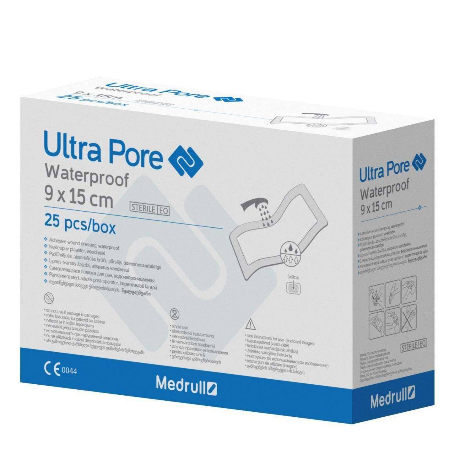 Box mit Ultra Pore wasserdichten 9 x 15 cm sterilen Verbandsmitteln, 25 Stück pro Box, von Medrull.