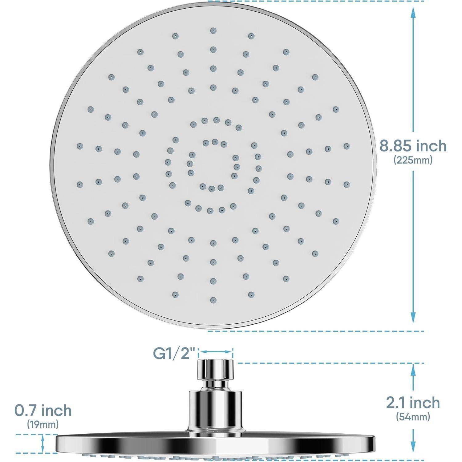 Diagramm eines runden Duschkopfes mit vielen Sprühdüsen, 8,85 Zoll (225 mm) breit und 2,1 Zoll (54 mm) hoch, mit G1/2-Anschluss und 0,7-Zoll-Anschluss (19 mm).