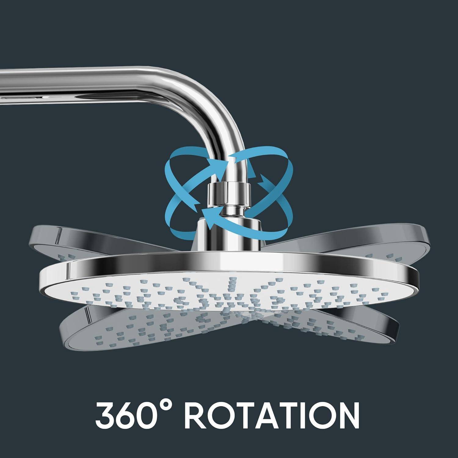 Chrom-Duschkopf mit Pfeilen, die eine 360°-Drehung anzeigen, und dem Text „360° ROTATION