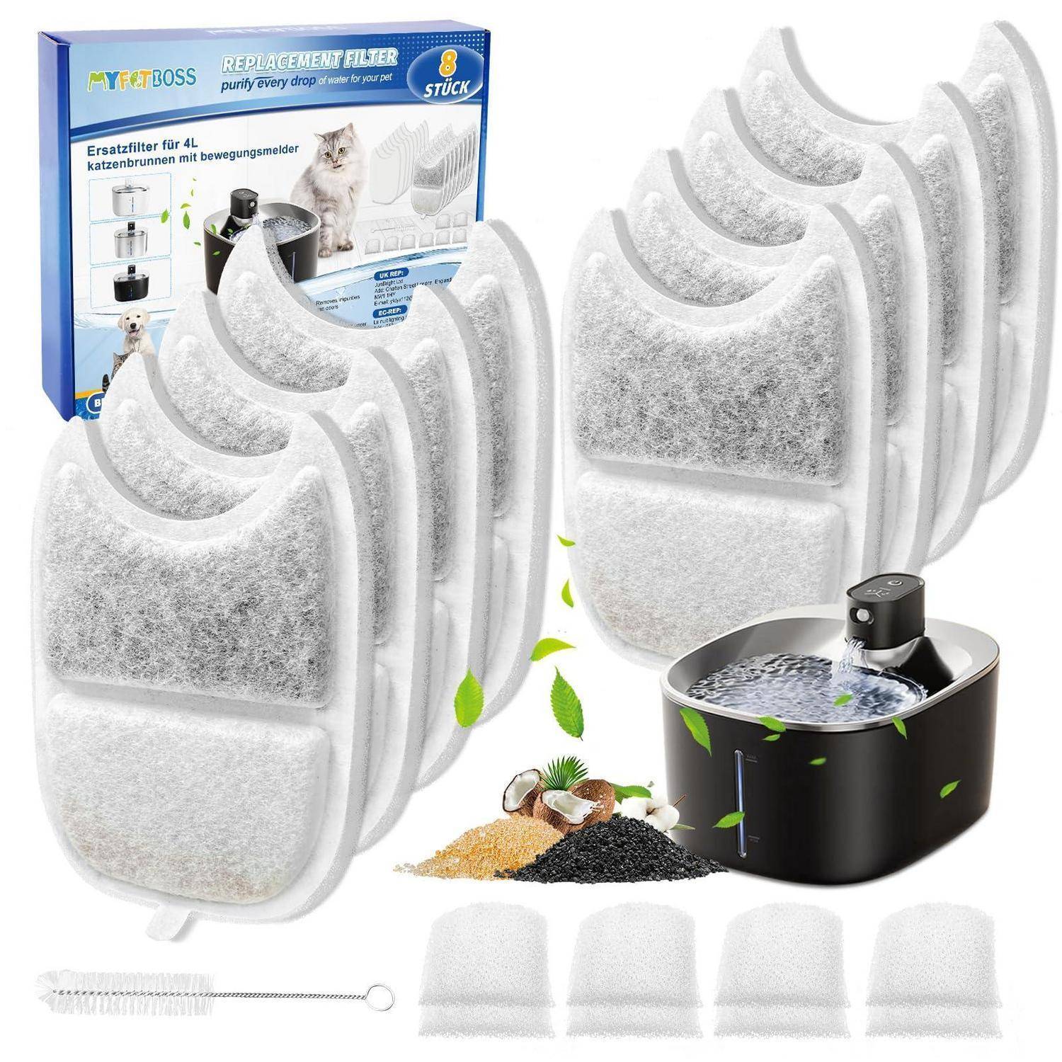 8 Stück Katzenbrunnen Filter,und 8 Schaumstofffilter mit Aktivkohle Naturharzen, Katzen Trinkbrunnen Filter, Katzenbrunnenfilter Ersatz kompatibel