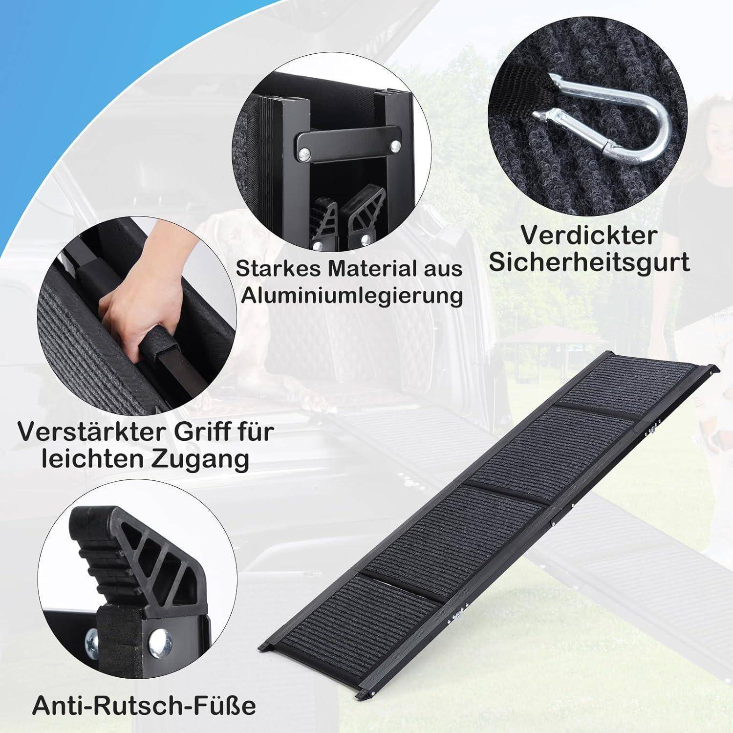Illustrierte Haustiertreppen mit Klappmechanismus, rutschfester Oberfläche und robustem Aluminiumbauwerk, mit Beschriftungen in Deutsch und Funktionsmerkmalen: verstärkter Griff, dickerer Sicherheitsgurt und rutschfeste Füße.