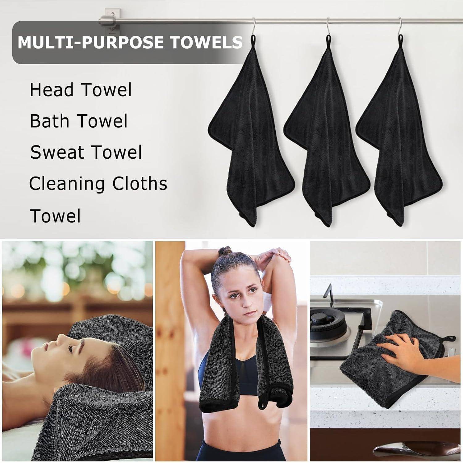 Mehrzweck-Handtücher in Schwarz mit Beschriftung für Kopf, Bad, Schweiß und Reinigung, gezeigt in Verwendung als Kopftuch, Fitnesshandtuch und Küchentuch.