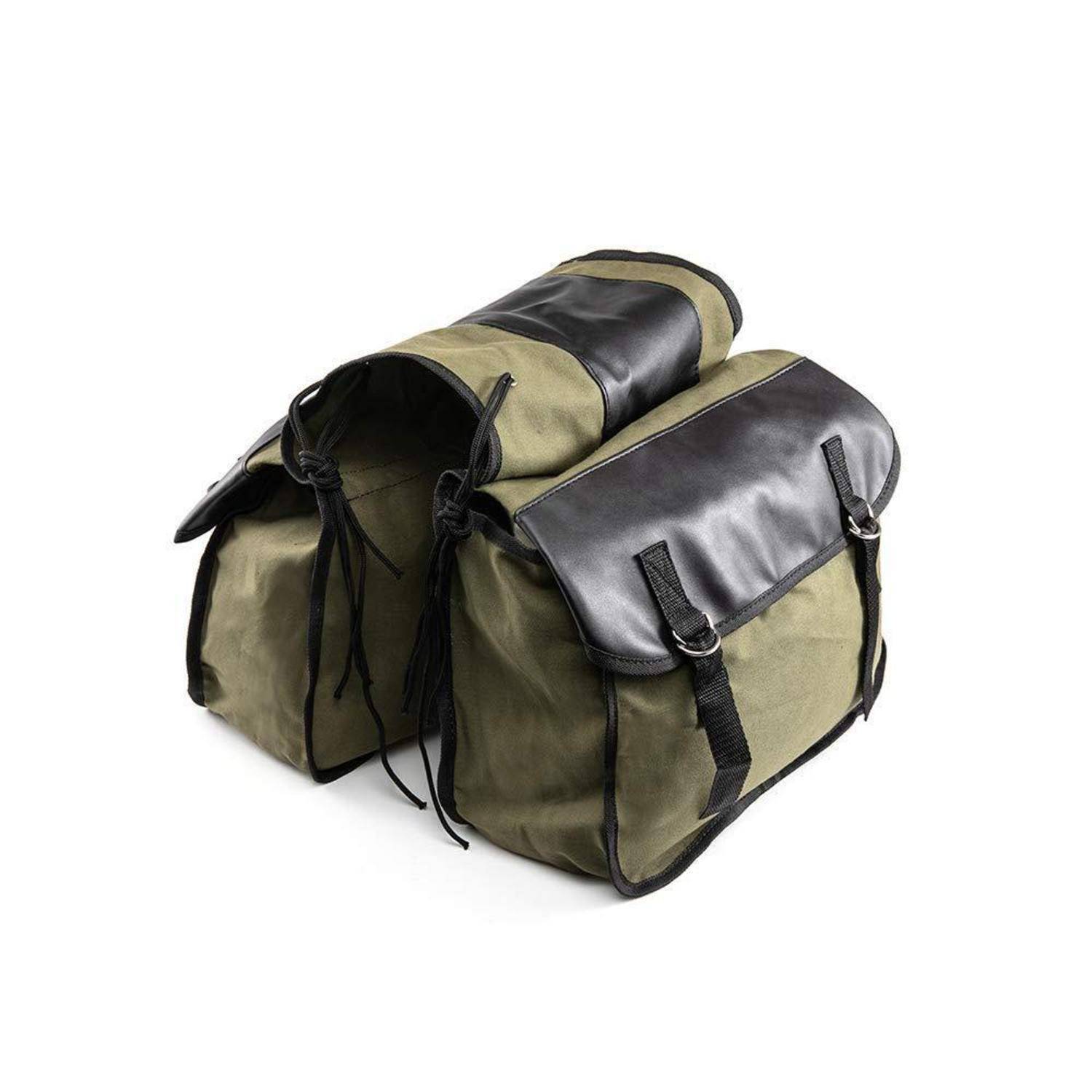 Grüne und schwarze Fahrrad-Packtasche mit Rollverschluss-Mittelteil und Seitentaschen auf weißem Hintergrund.