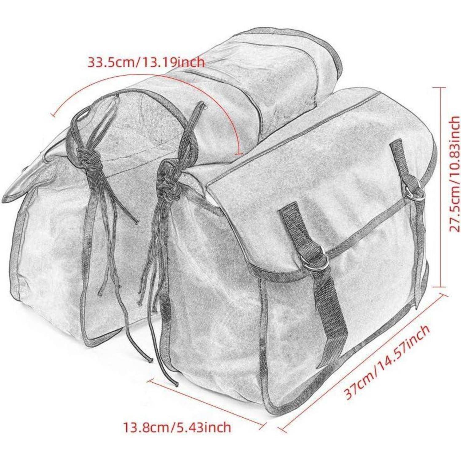 Abbildung einer grauen zweiseitigen Fahrradtasche mit Kordelzugverschluss, die Abmessungen zeigt: 37 cm lang, 27,5 cm hoch, 13,8 cm tief, 33,5 cm breit.