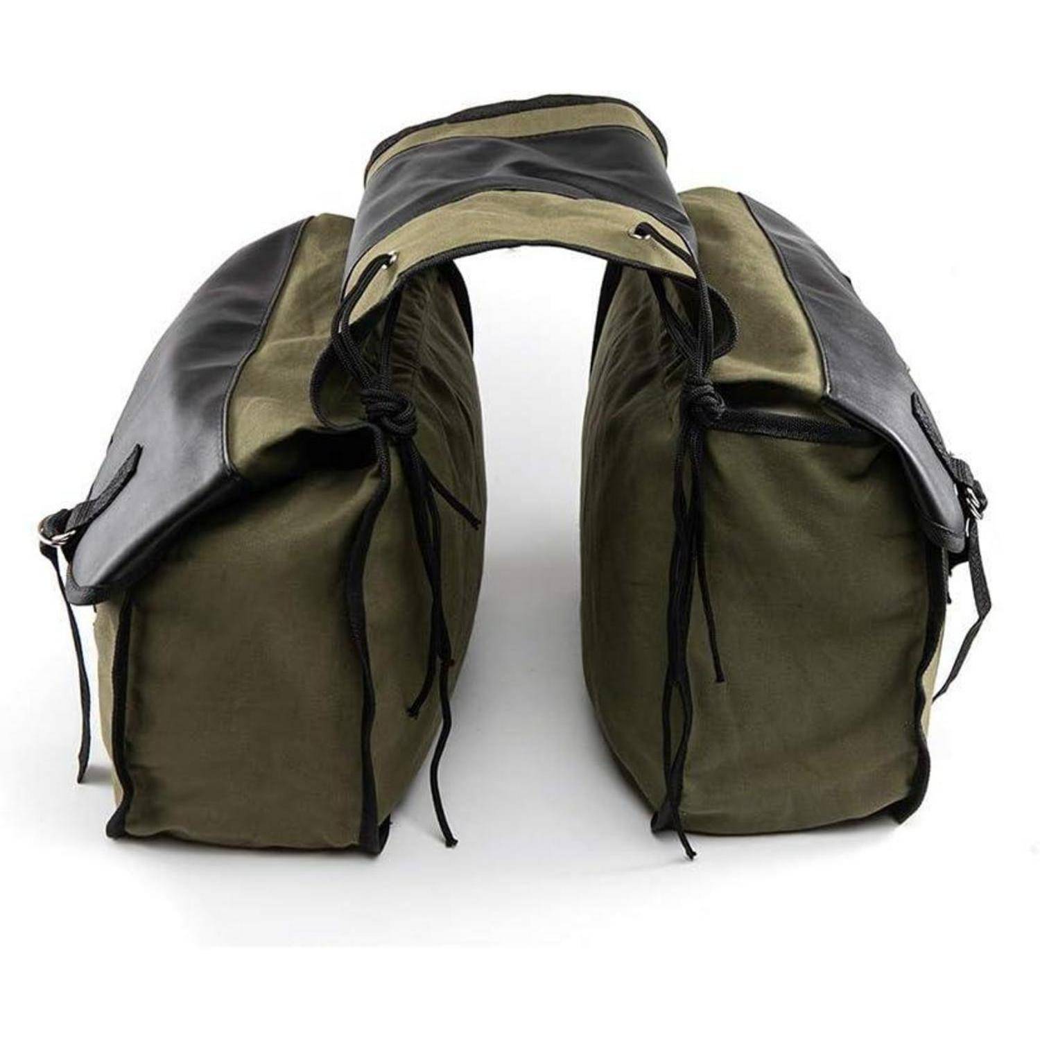 Grüne und schwarze Doppelreisetasche mit oberem Tragegriff, geöffnet auf weißem Hintergrund dargestellt.