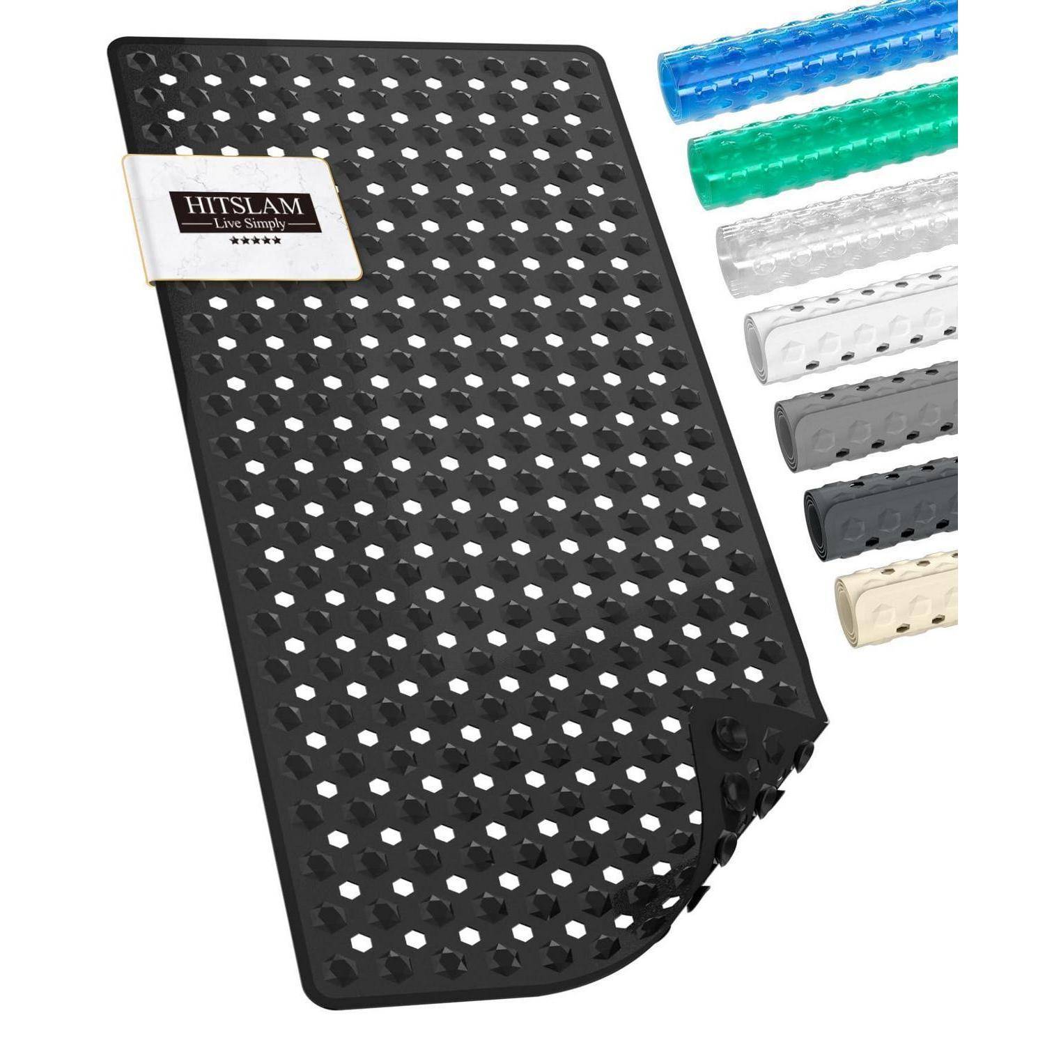 Schwarze perforierte HITSLAM 'Live Simply' Gummimatte, dargestellt mit Farboptionen in Blau, Grün, Weiß, Grau, Schwarz und Beige.