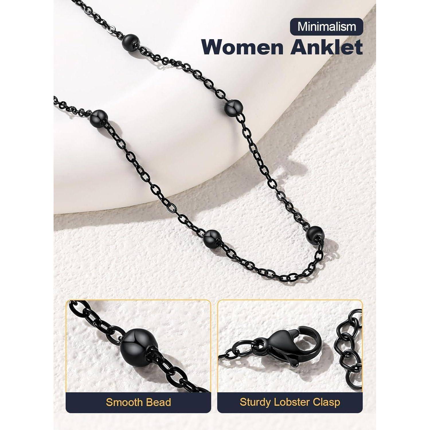 Schwarzes minimalistisches Fußkettchen für Damen mit Ketten- und Perlenakzenten, gezeigt mit Nahaufnahmen der glatten Perle und der stabilen Hummerklaue.