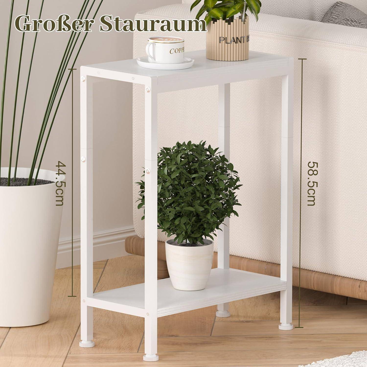 Weißer zweistufiger Blumenständer/Tisch mit Topfpflanze und Tassen; beschriftet mit „Großer Stauraum