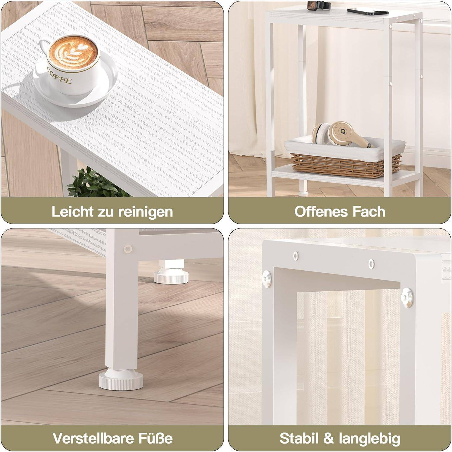 Vierteiliges Produkt-Collage eines weißen Beistelltisches, das eine leicht zu reinigende Oberfläche, offenes Regal, verstellbare Füße und eine stabile, langlebige Konstruktion zeigt.