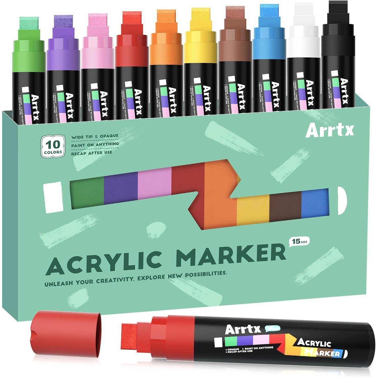 Arrtx Graffiti Acryl Marker Set, 15mm Jumbo-Filzspitze Grafitistifte, 10 Jumbo, Acryl-Farbstifte für DIY, Felsmalerei, Steine Wasserfest, Keramik