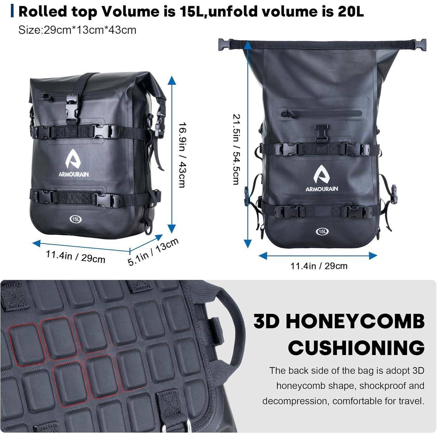 Wasserdichter Roll-Top-Rucksack geschlossen und erweitert dargestellt, mit Abmessungen 29 x 13 x 43 cm und 29 x 13 x 54,5 cm; 3D-Wabenkissen-Rückenteil zur Stoßdämpfung und für Komfort.