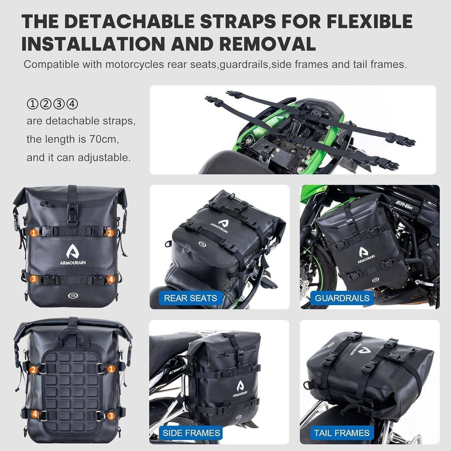 Infografik zeigt abnehmbare Gurte für flexible Installation und Entfernung von Motorrad-Taschen, kompatibel mit Rückenlehnen, Schutzvorrichtungen, Seitenrahmen und Heckrahmen.