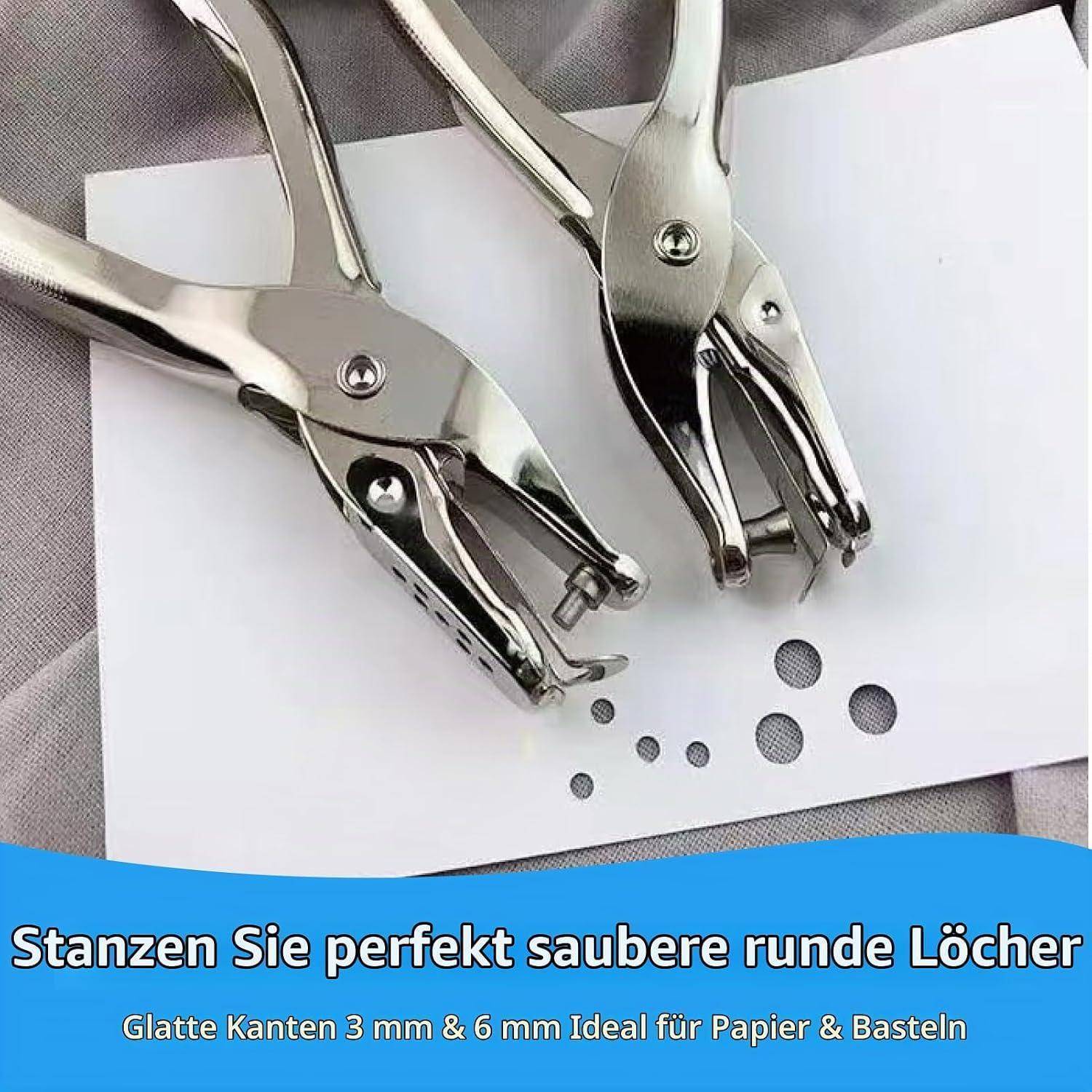 Zwei Metalllocher über weißem Papier mit gestanzten runden Löchern; deutscher Text bewirbt saubere runde Löcher, 3 mm und 6 mm für Papier und Handwerk.
