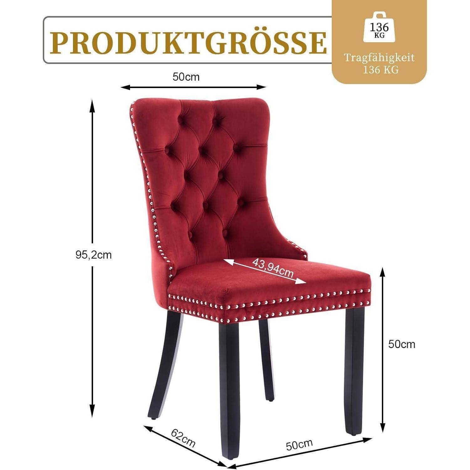 Diagramm eines rot gepolsterten gesteppten Stuhls mit Abmessungen: 95,2 cm Höhe, 50 cm Breite/Tiefe, 43,94 cm Sitzbreite, 62 cm Beinspannweite, Traglast 136 kg.