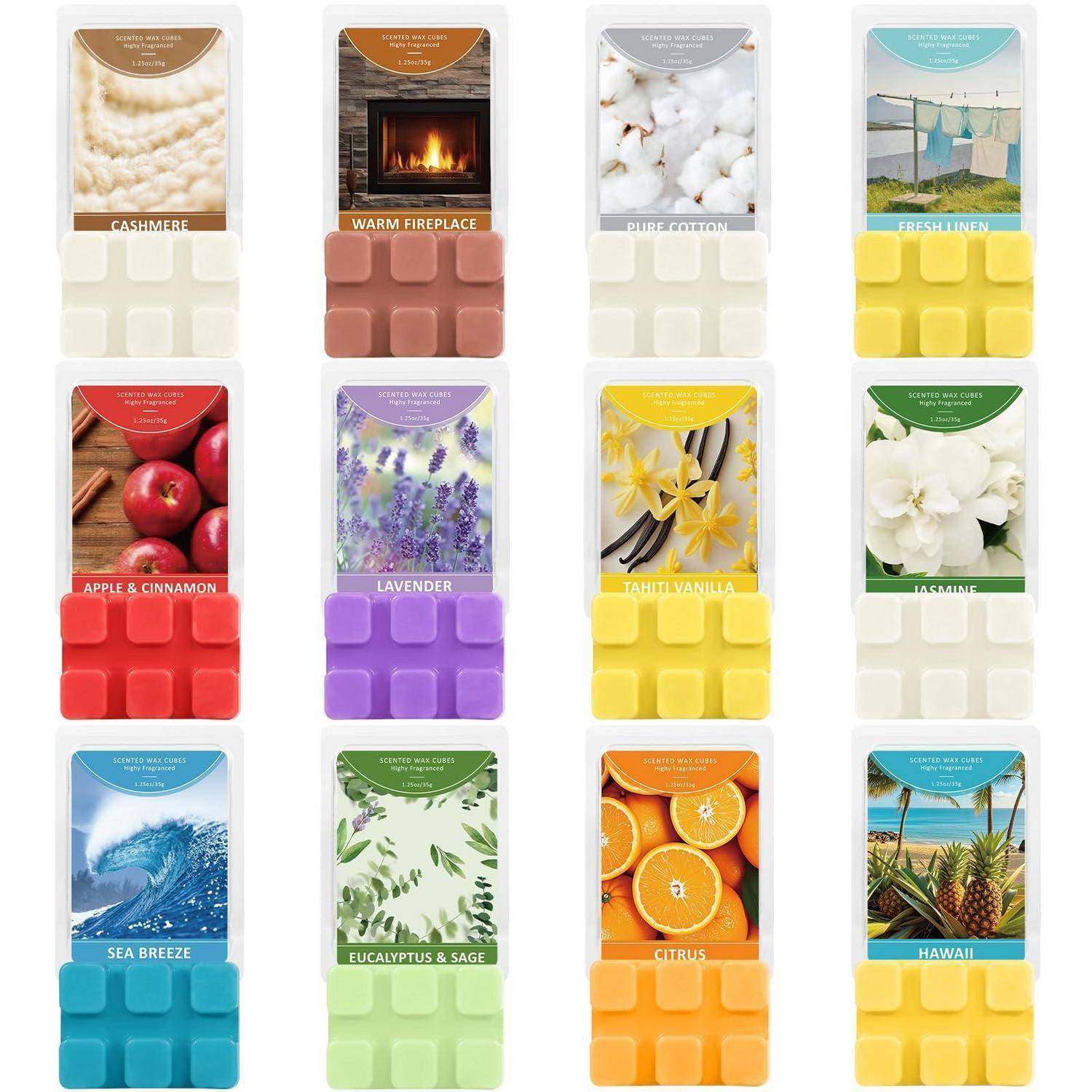 Gitter aus duftenden Wachsschmelzen in 12 Düften, einschließlich Kaschmir, Warmer Kamin, Apfel & Zimt, Lavendel, Zitrus und Hawaii.