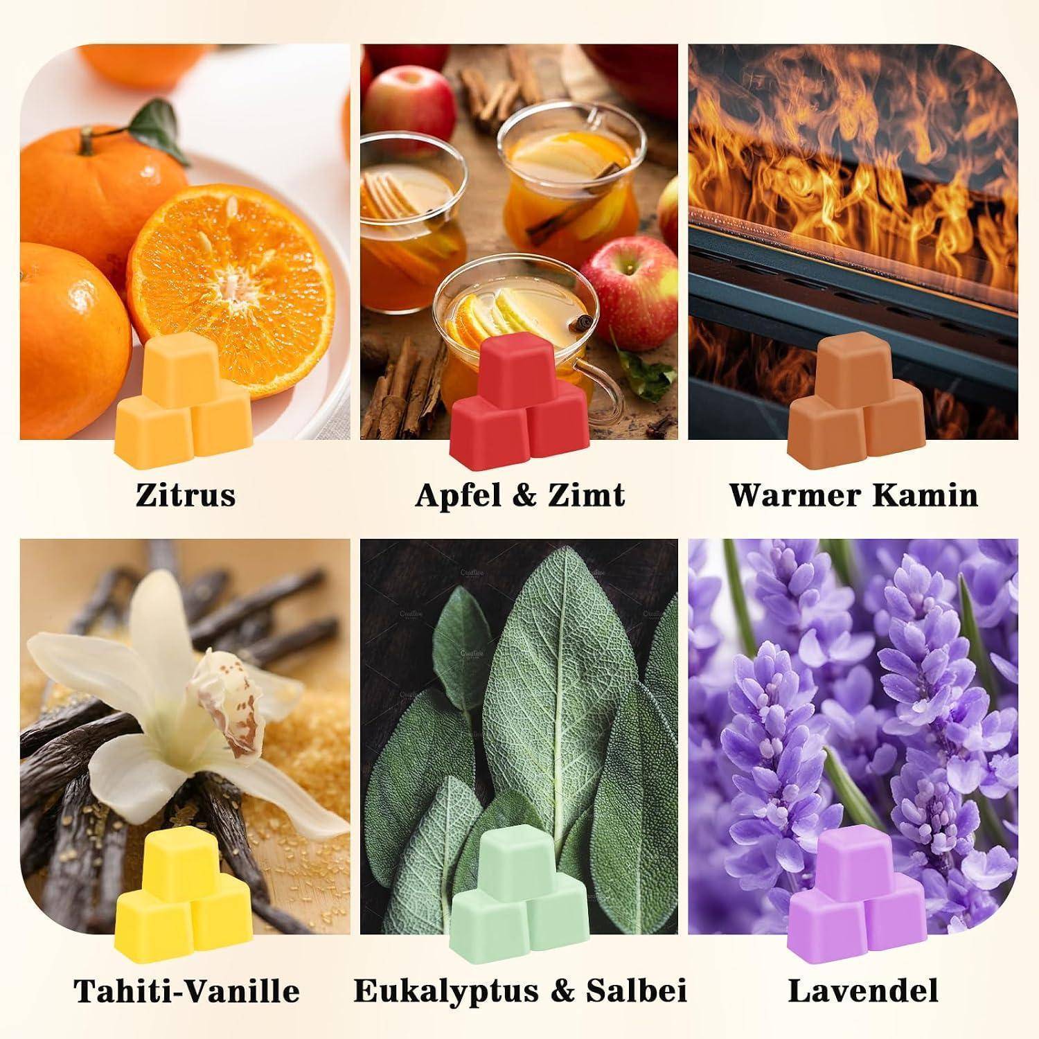 Sechs duftende Wachsschmelzen, die als Produktoptionen angezeigt werden: Zitrus, Apfel & Zimt, Warmer Kamin, Tahiti-Vanille, Eukalyptus & Salbei und Lavendel, jeweils mit passenden Bildern illustriert.