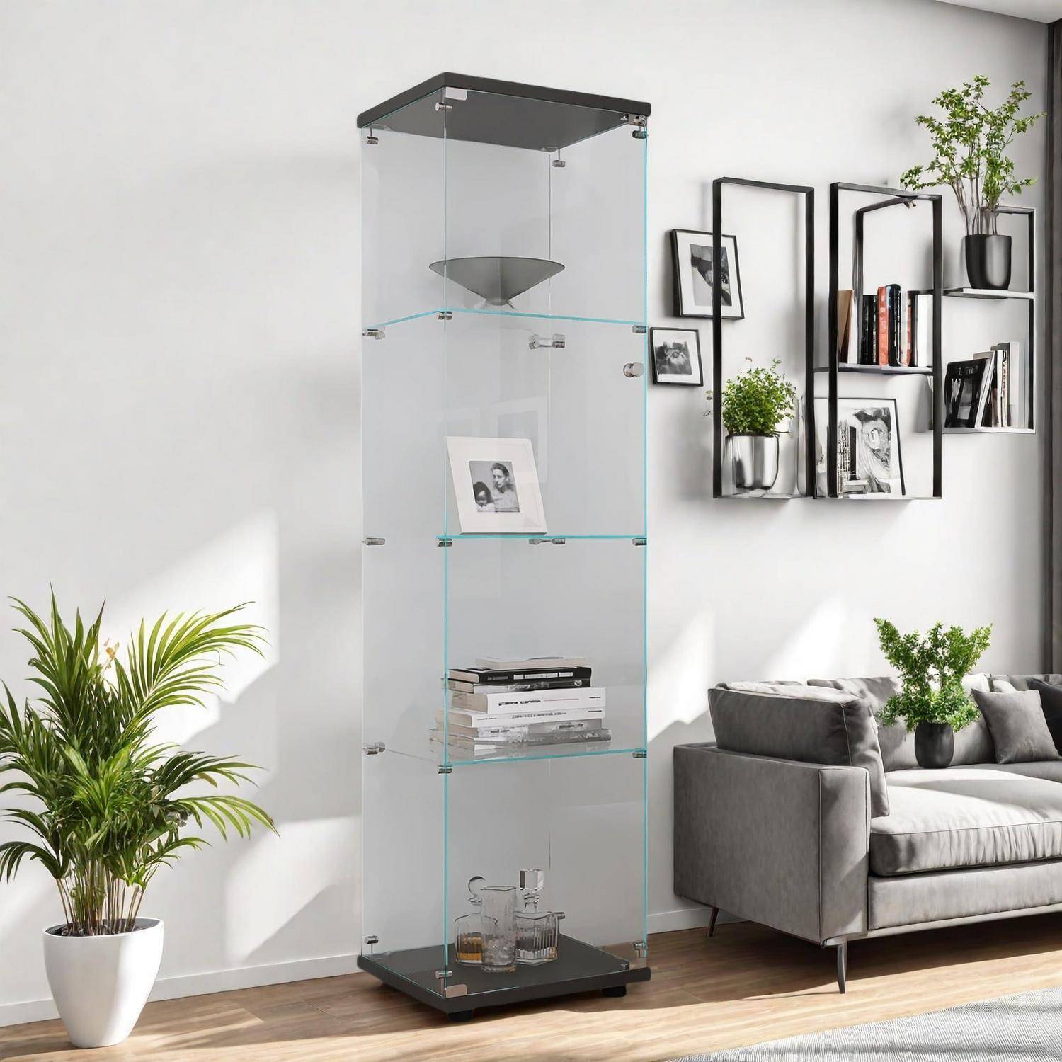 Glasvitrine Standvitrine, Glasvitrine Stehend mit 4 Lagen Glas, Vitrinenschrank 1 TüR & Schloss Vitrine Glasschrank für Wohnzimmer Büro Sammlerstü