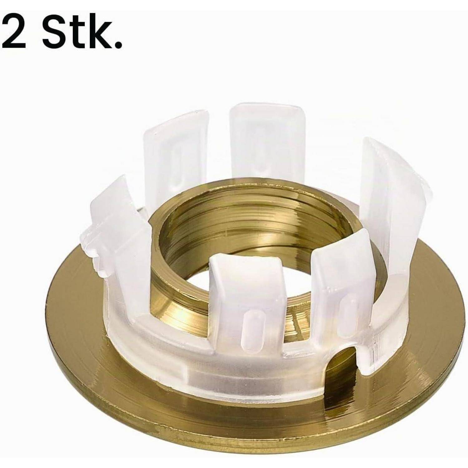 Messingfarbene kreisförmige Metallbeschlag mit weißen Kunststoffclips, beschriftet mit „2 Stk.", was zwei Teile anzeigt.