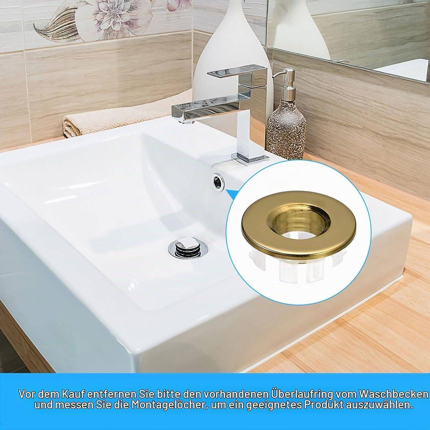Badezimmerbecken mit Wasserhahn und eine Nahaufnahme im Inset eines Messingüberlaufflanschs, der eine Waschbecken-Zubehörinstallation oder einen Austausch illustriert.