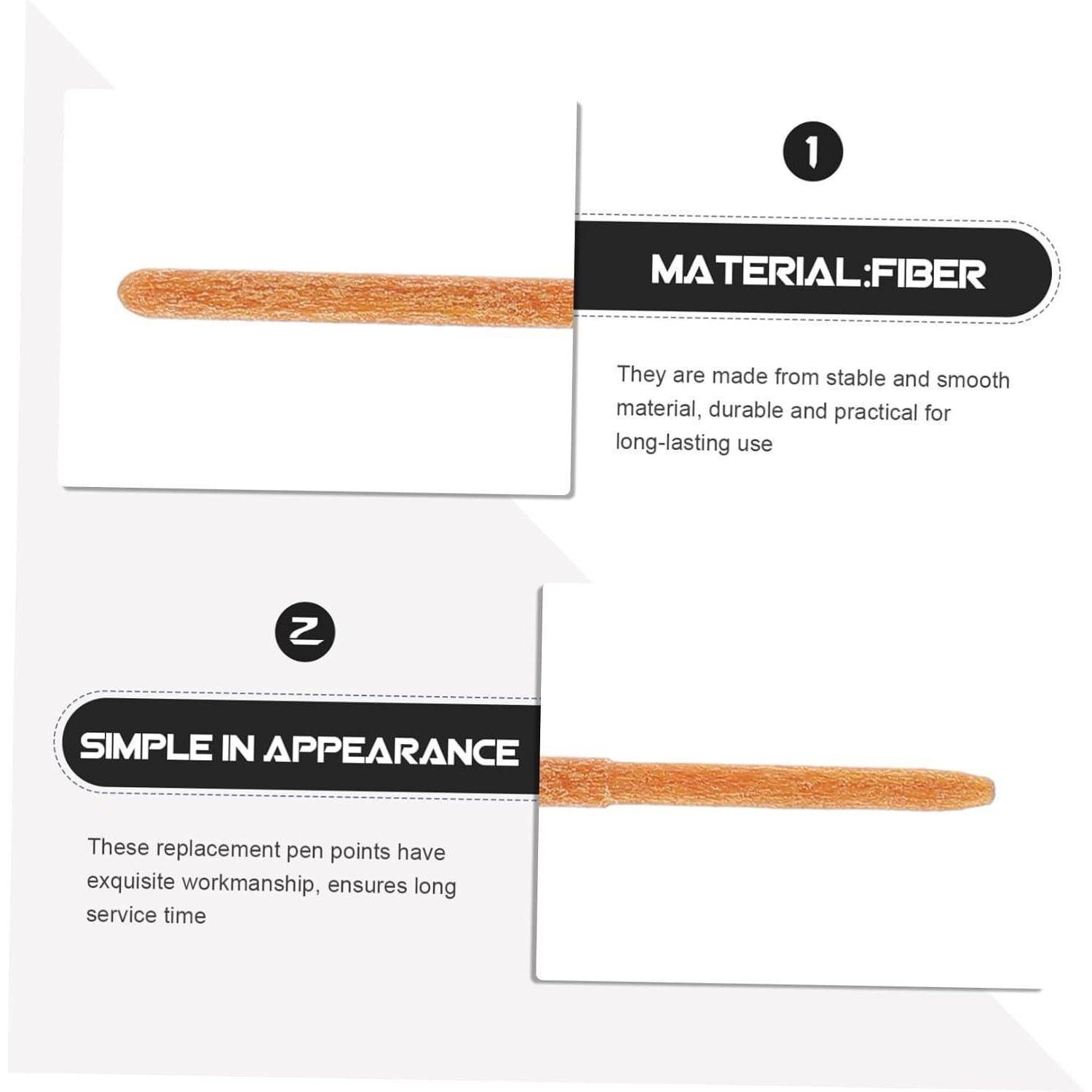 Infografik mit Ersatzstiftspitzen: 1) 'Material: Faser' für strapazierfähige, sanfte Verwendung; 2) 'Einfaches Aussehen' mit feiner Verarbeitung und lange Lebensdauer.