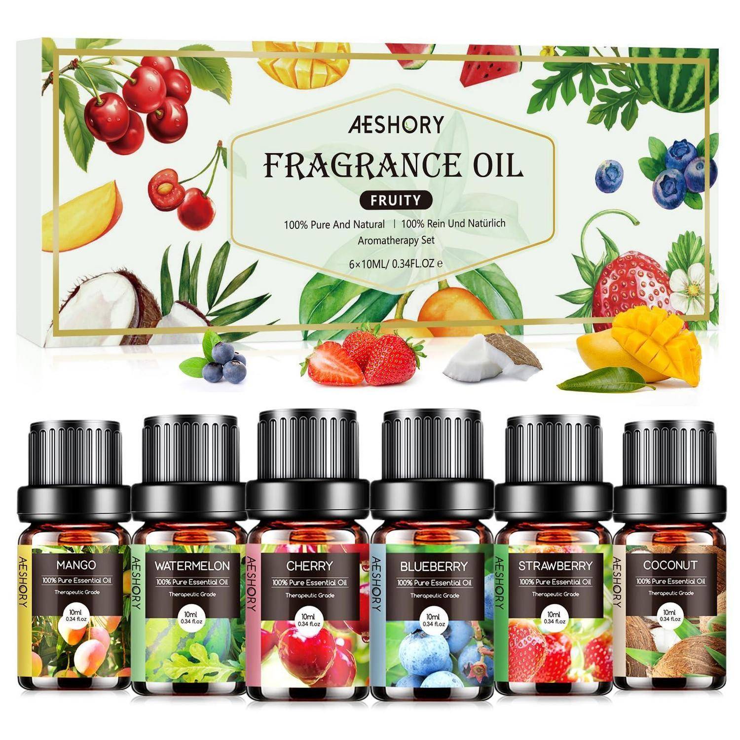 AESHORY fruchtiges Duftöl-Set mit sechs Flaschen: Mango, Wassermelone, Kirsche, Blaubeere, Erdbeere und Kokosnuss, dargestellt mit einer passenden fruchtthematischen Schachtel.