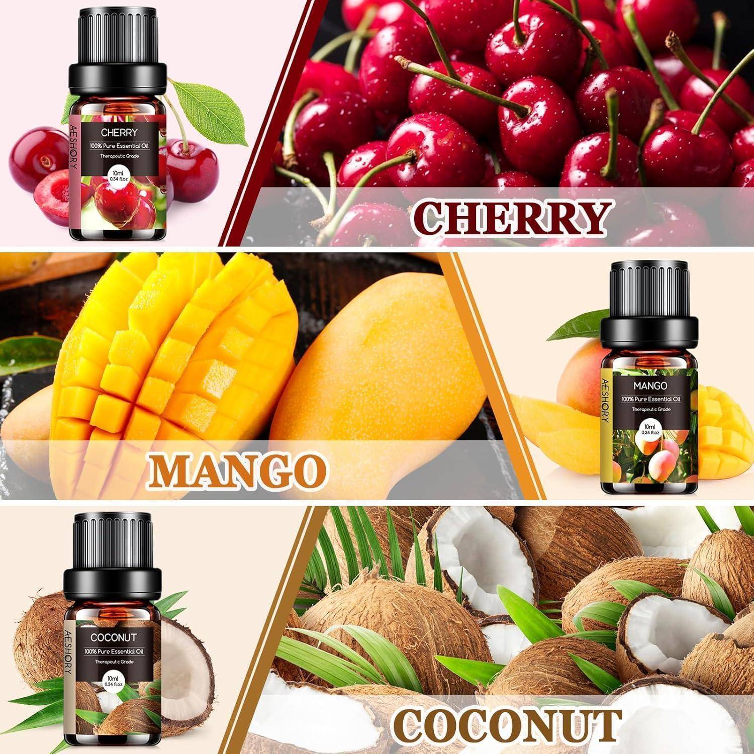 Werbegrafikfür fruchtig duftende ätherische Öle mit Flaschen für Kirsche, Mango und Kokosnuss mit entsprechenden Fruchtabbildungen und Etiketten.