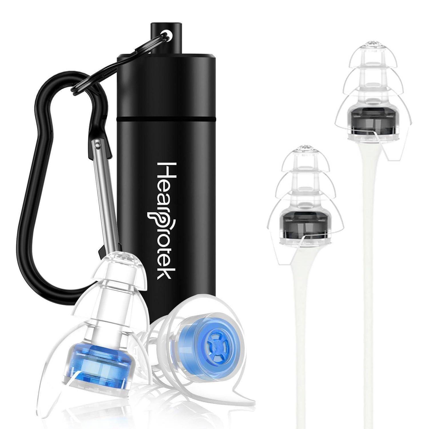 Hearprotek Silikon-Ohrstöpsel mit durchsichtigen dreifach gekräuselten Spitzen, gezeigt mit schwarzem Etui und Karabiner, plus zwei zusätzliche Paare in verschiedenen Farben.