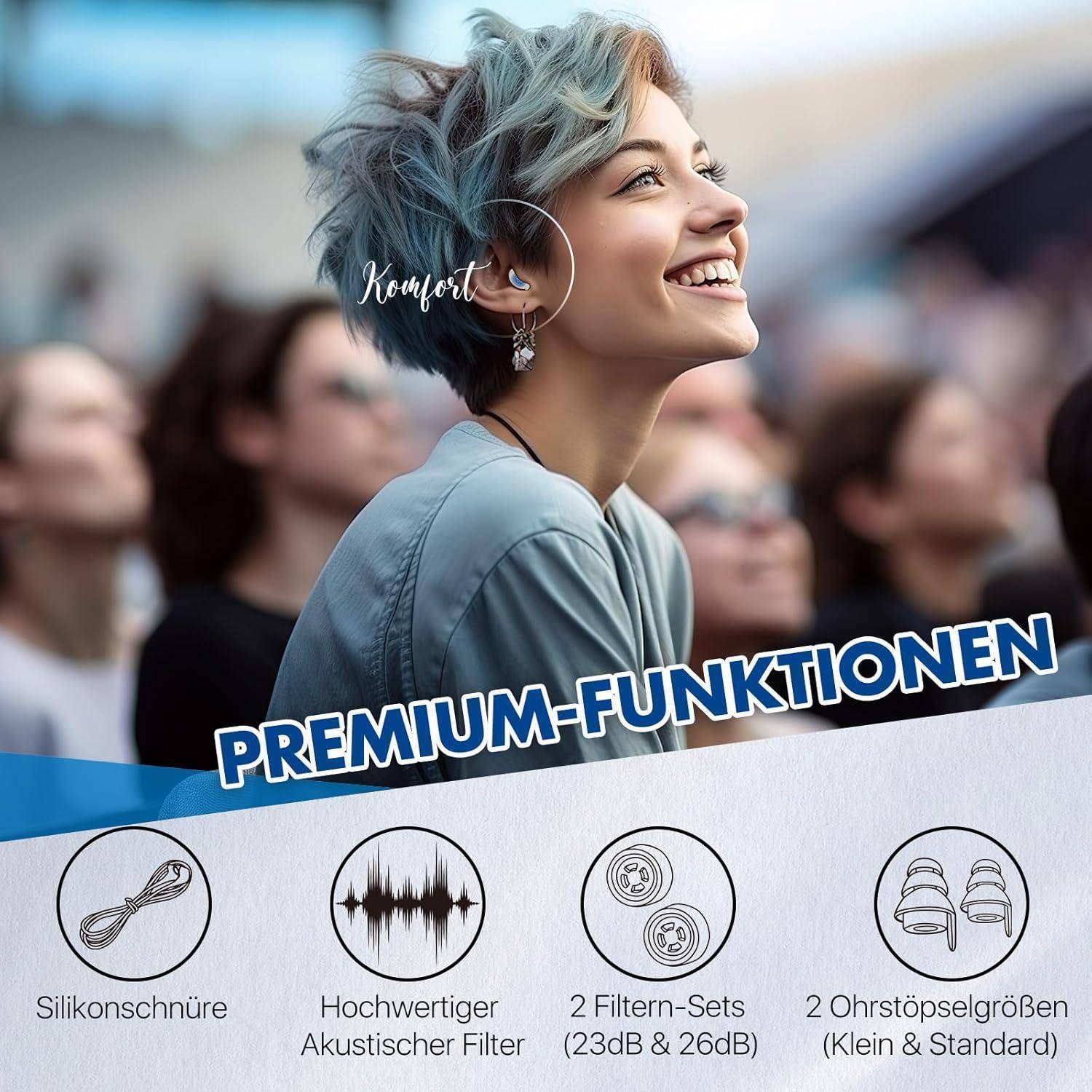 Werbebild einer lächelnden Frau, die stylische Ohrstöpsel trägt, mit der Überschrift „PREMIUM-FUNKTIONEN