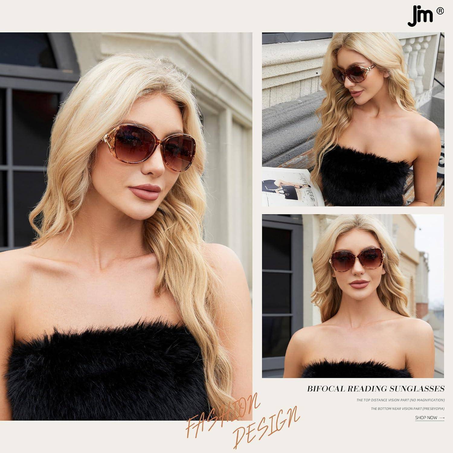 Mode-Anzeigen-Collage mit einer blonden Frau, die übergroße braune Bifokal-Lessonnenbrille und ein schwarzes träger loses Top trägt, mit dem Text „BIFOKAL-LESSONNENBRILLE".