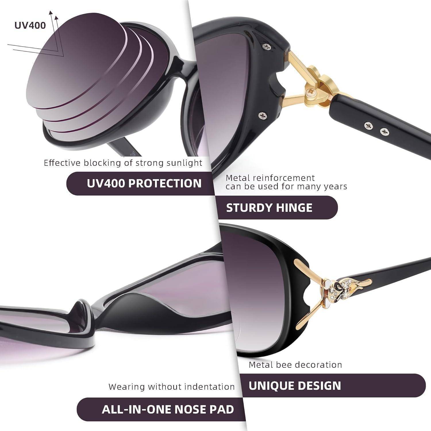 Werbebild von violett getönten Sonnenbrillen, die UV400-Schutz, robustes Metallscharnier, integriertes Nasensteg-Pad und einzigartiges Design hervorheben.