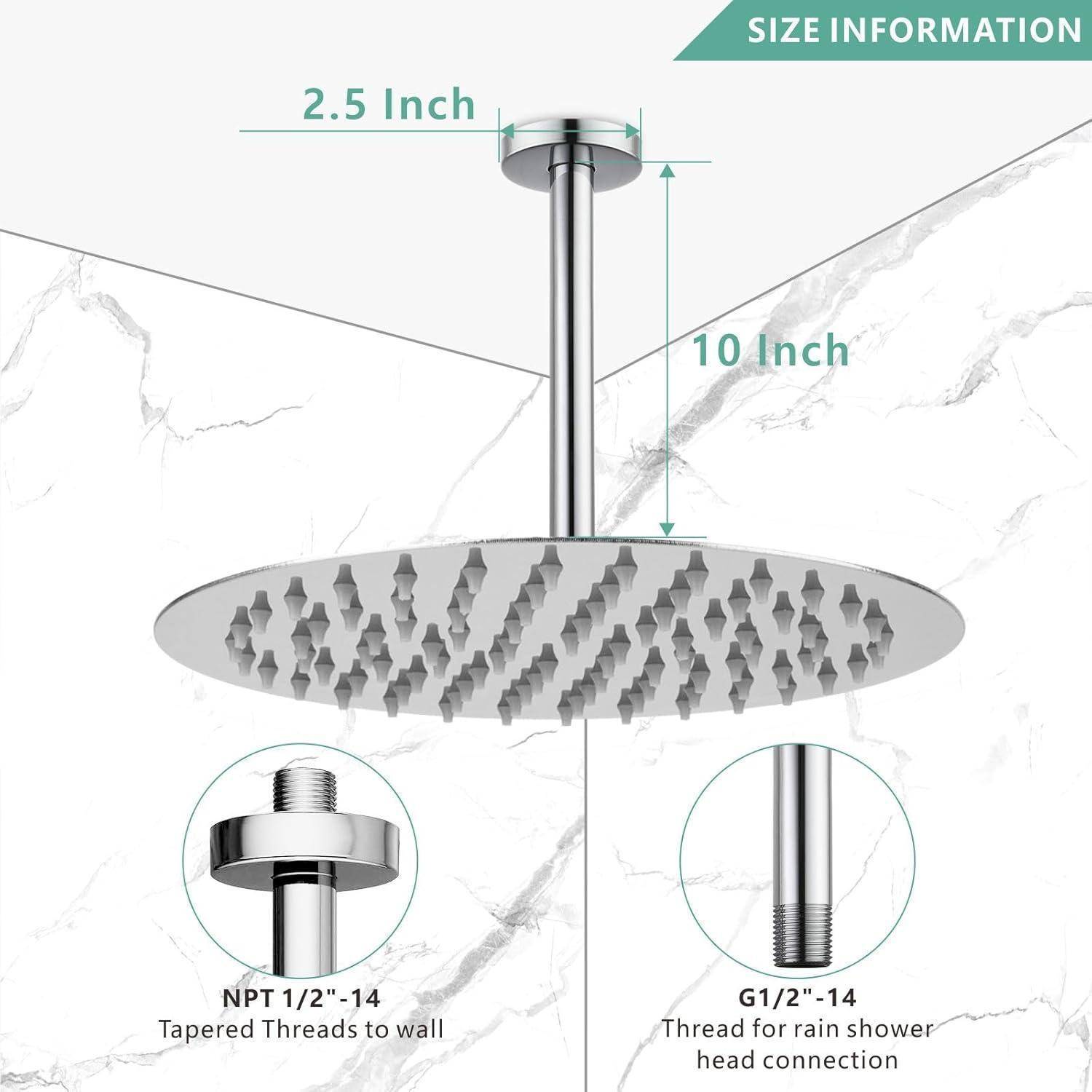 Diagramm eines runden, an der Decke montierten Regenduschkopfs mit 10 Zoll Reichweite und 2,5 Zoll Deckenplatte, das NPT-1/2-14- und G1/2-14-Gewindeverbindungen zeigt.