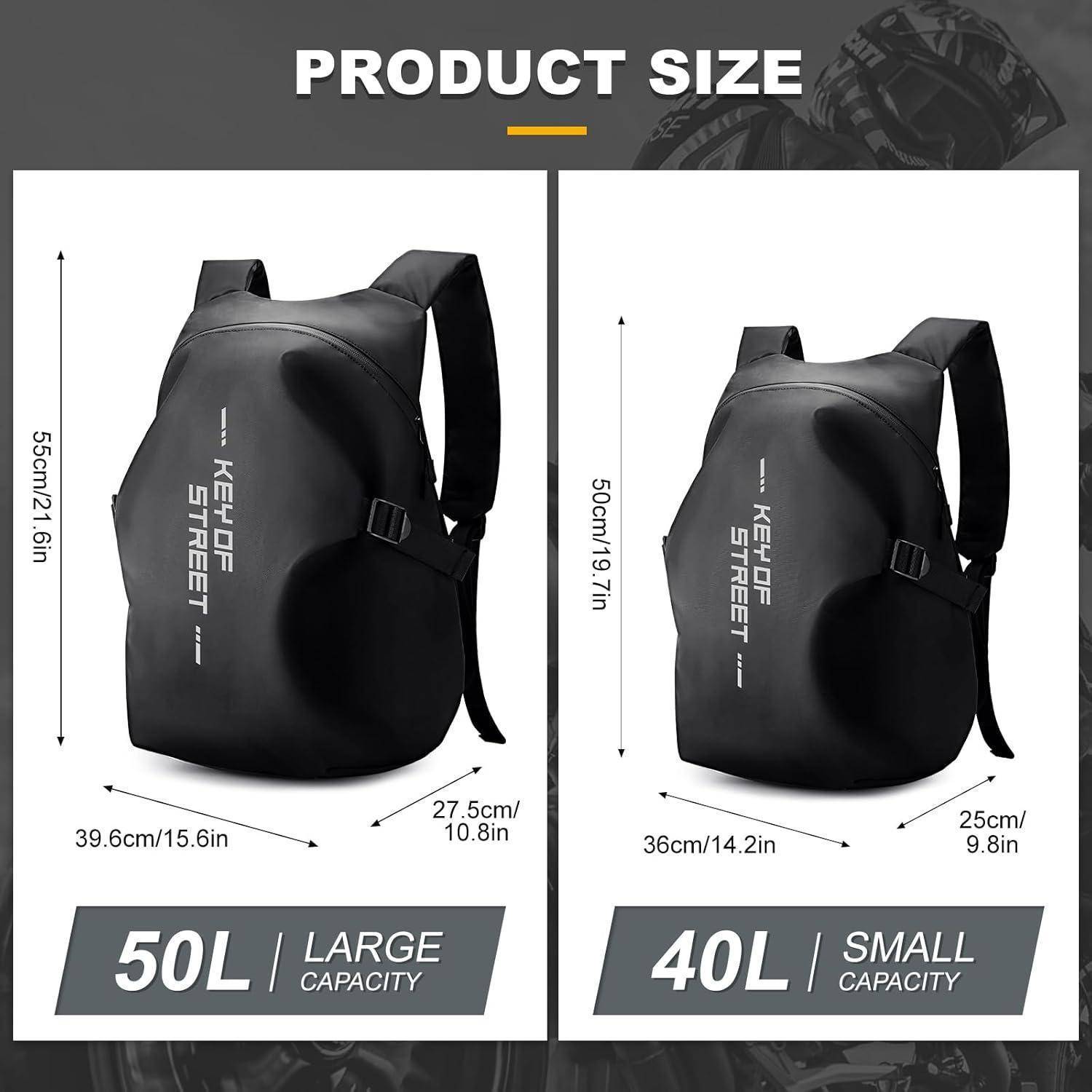 Größenvergleich eines schwarzen Rucksacks: 50L groß, 55cm x 39,6cm x 27,5cm, und 40L klein, 50cm x 36cm x 25cm.