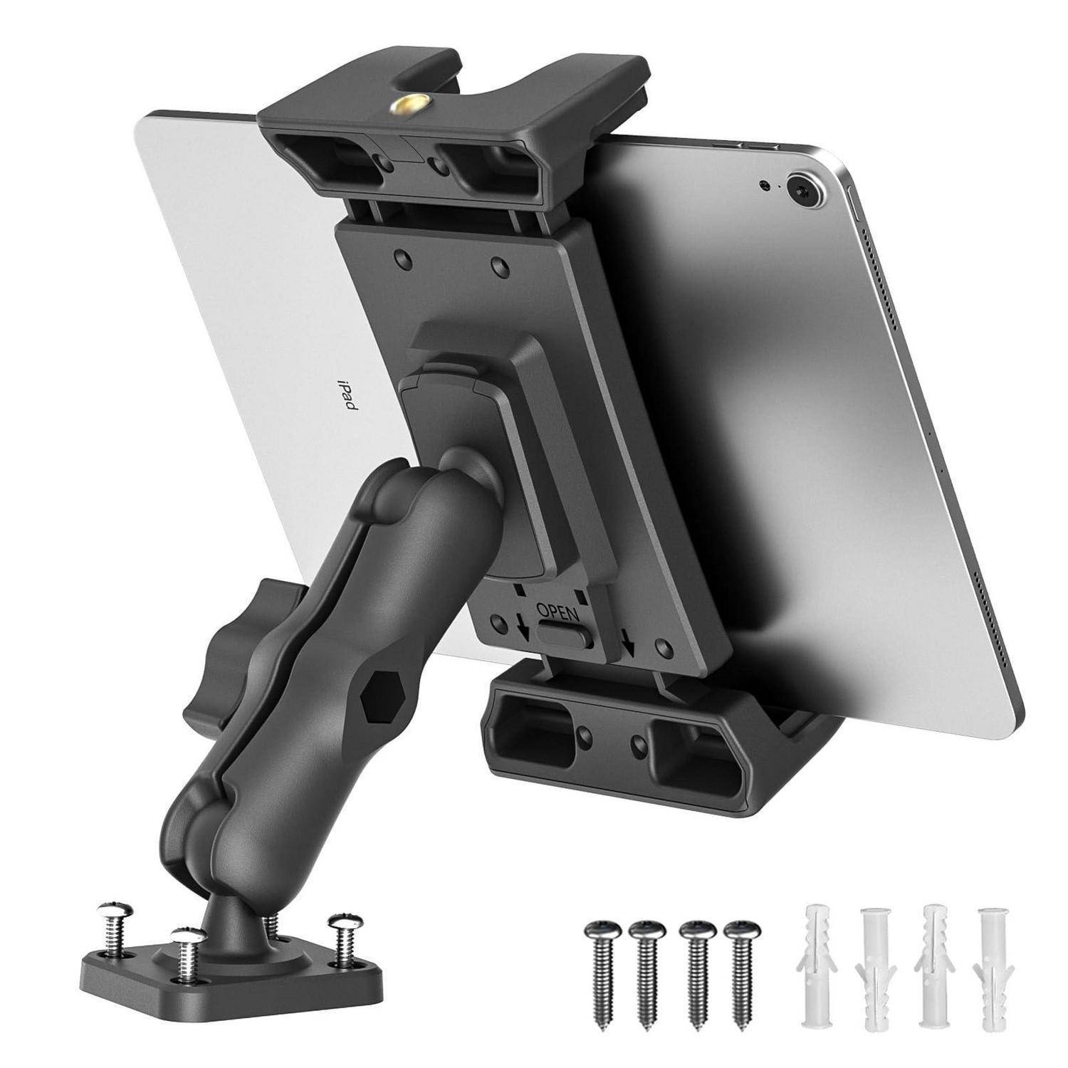 Verstellbare schwarze Tablet-Halterung mit einem iPad auf einer Basis mit Schraube und unten gezeigten Wanddübeln.