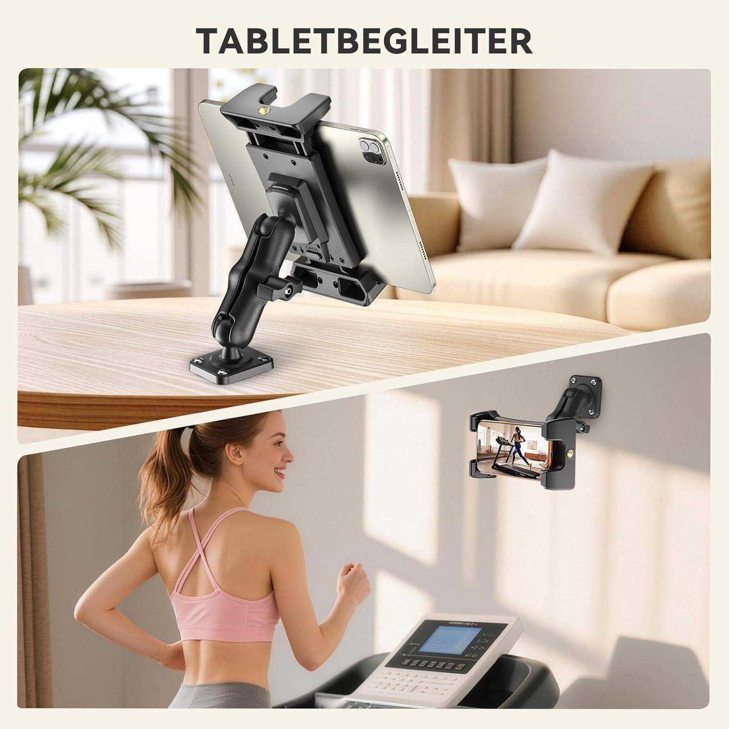 Werbebild einer flexiblen Tablet-Halterung, die auf einem Tisch oder an der Wand montiert ist. Das Bild zeigt ein Tablet im Wohnzimmer und ein Telefon, das beim Training freihändig zum Anschauen verwendet wird.
