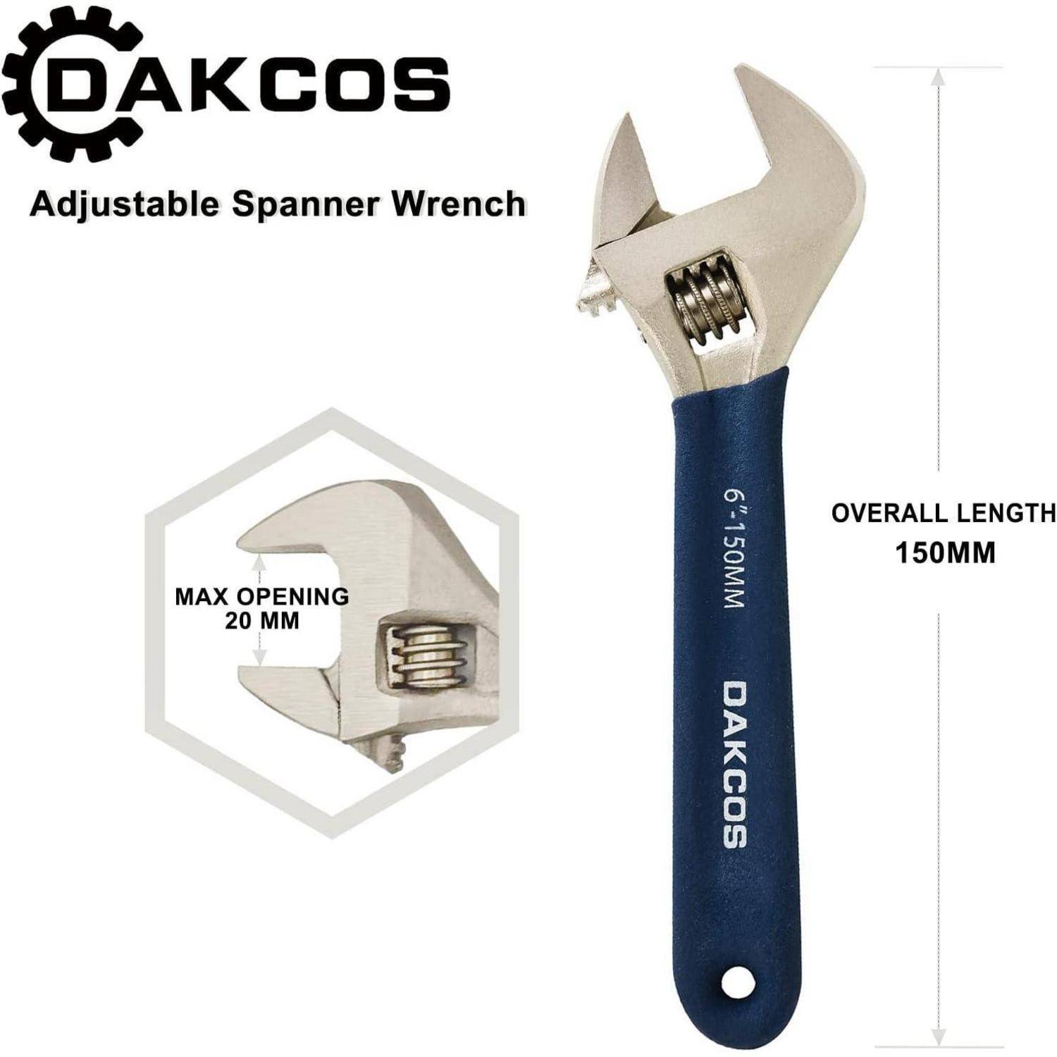 DAKCOS Rollgabelschlüssel verstellbarer Schraubenschlüssel Adjustable Wrench Einmaulschlüssel mit Gummigriff – Länge: 6"/150 mm (max. 20mm Maulw
