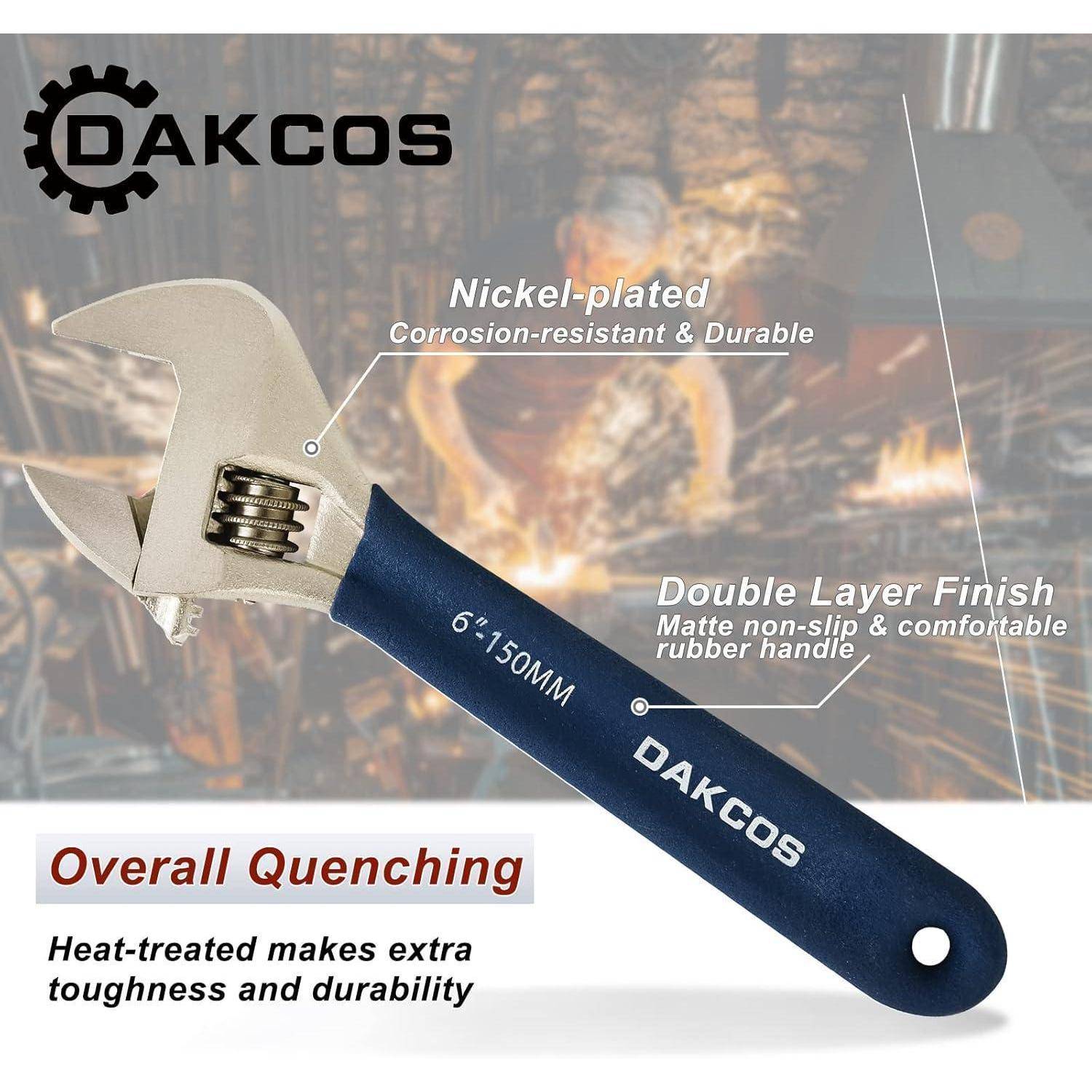 DAKCOS Rollgabelschlüssel verstellbarer Schraubenschlüssel Adjustable Wrench Einmaulschlüssel mit Gummigriff – Länge: 6"/150 mm (max. 20mm Maulw