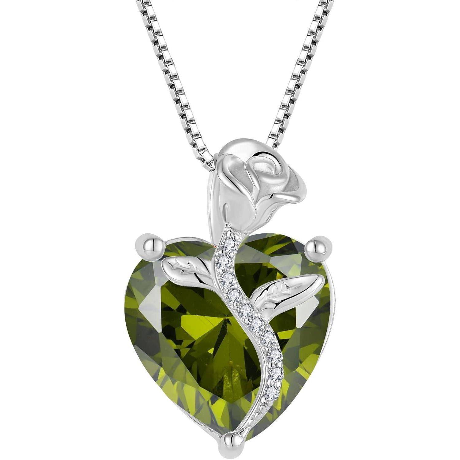 FJ Herz Kette Damen 925 Sterling Silber Geburtsstein Kette Anhänger Rose Blume Schmuck Geschenke für Frauen Mutter Freundin Mama 08 August - Peridot
