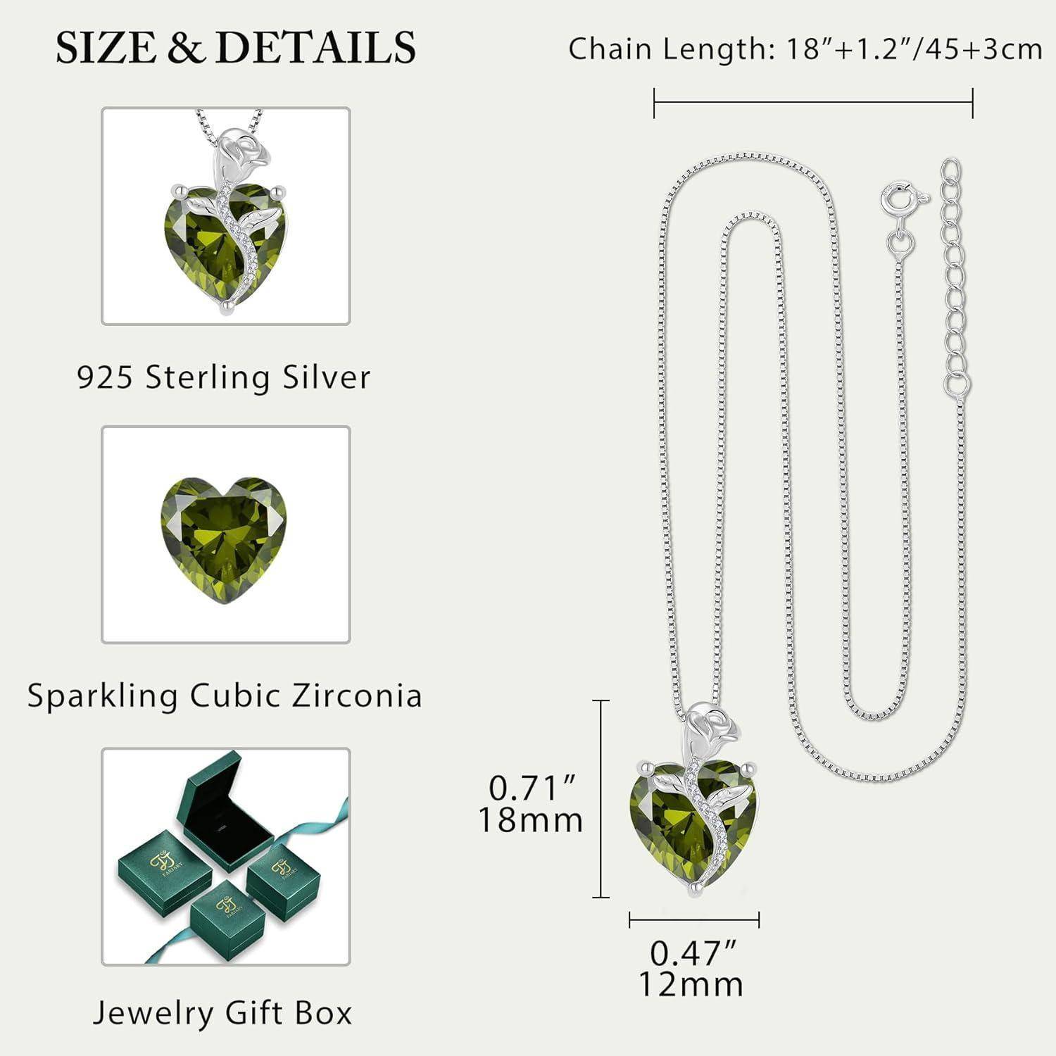 FJ Herz Kette Damen 925 Sterling Silber Geburtsstein Kette Anhänger Rose Blume Schmuck Geschenke für Frauen Mutter Freundin Mama 08 August - Peridot