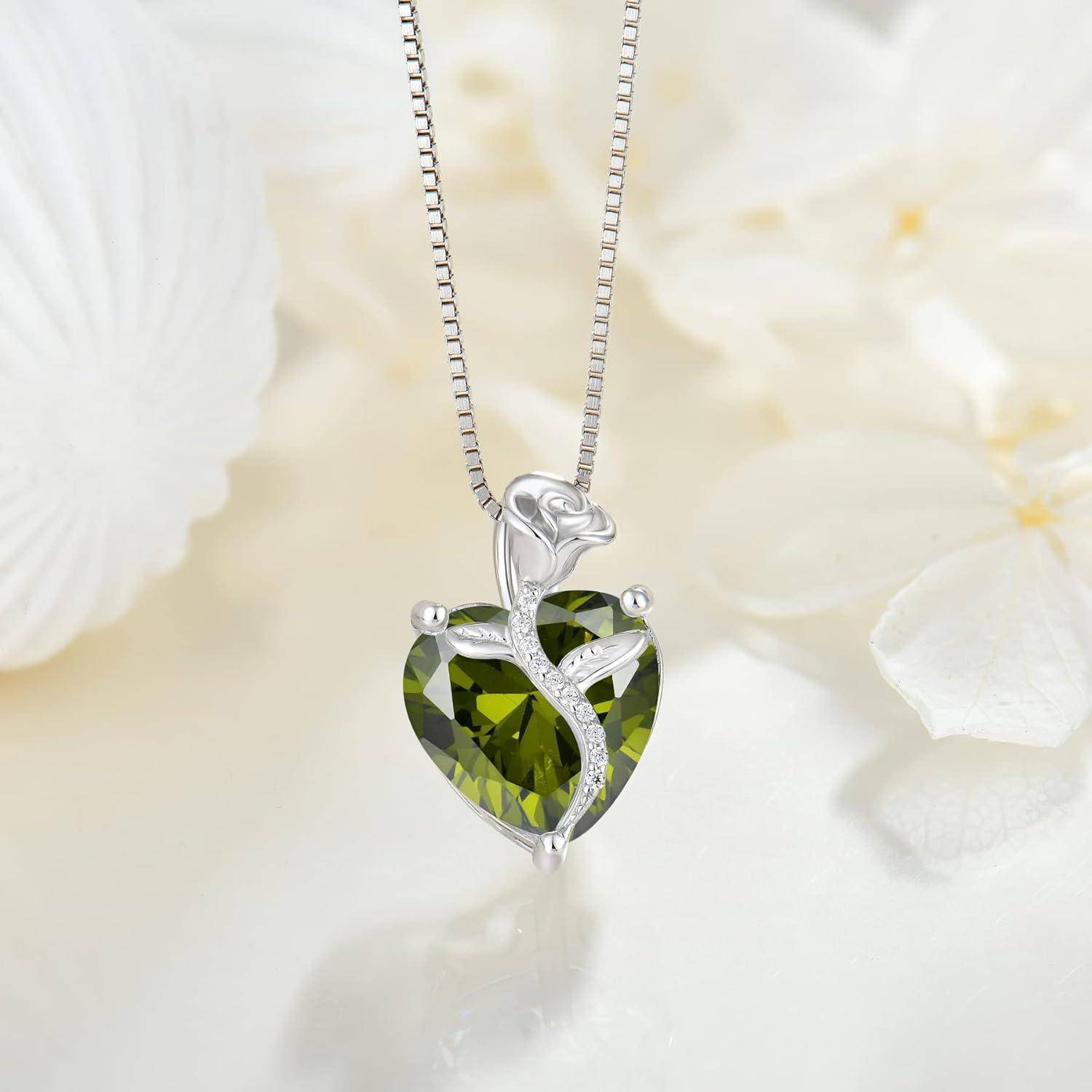 FJ Herz Kette Damen 925 Sterling Silber Geburtsstein Kette Anhänger Rose Blume Schmuck Geschenke für Frauen Mutter Freundin Mama 08 August - Peridot