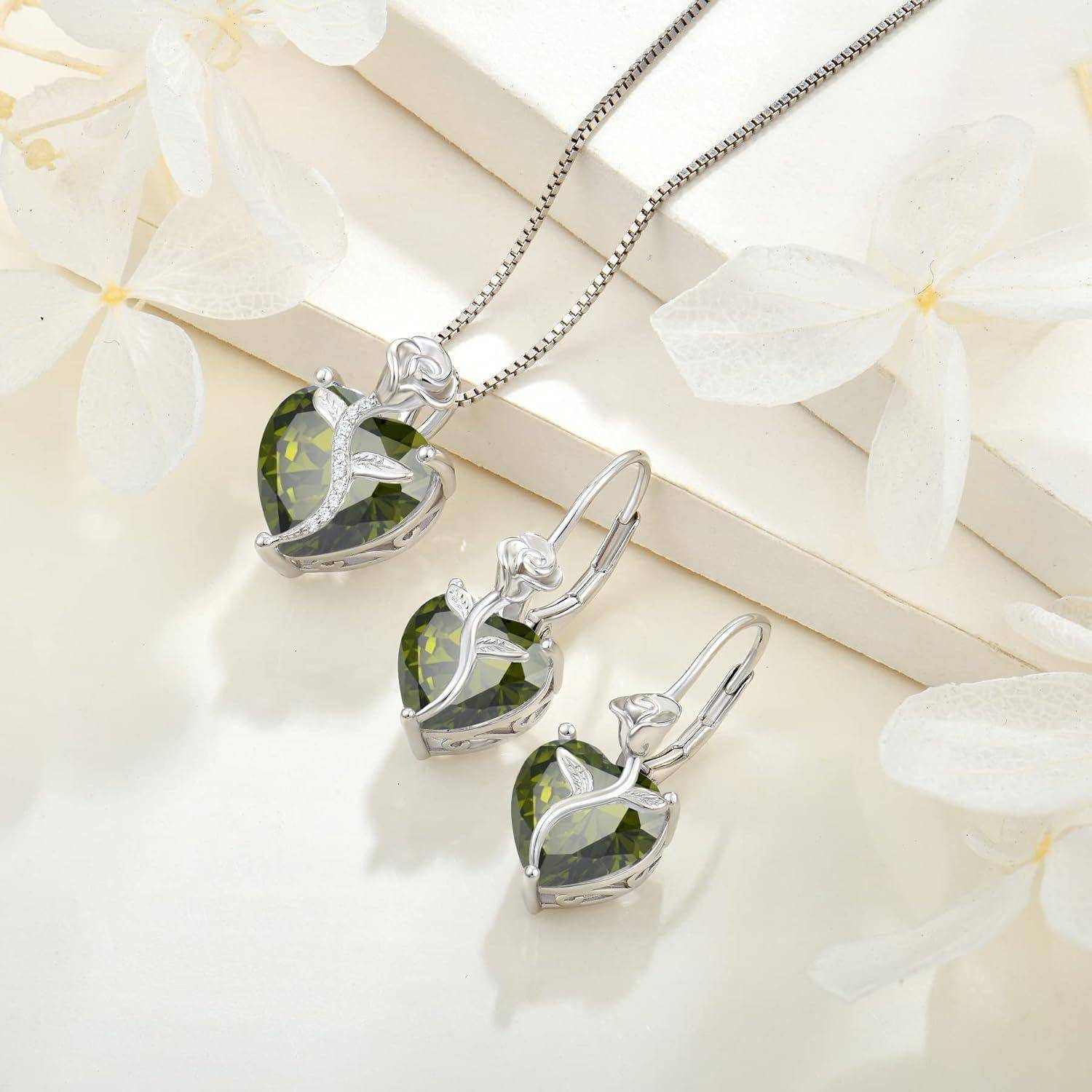 FJ Herz Kette Damen 925 Sterling Silber Geburtsstein Kette Anhänger Rose Blume Schmuck Geschenke für Frauen Mutter Freundin Mama 08 August - Peridot