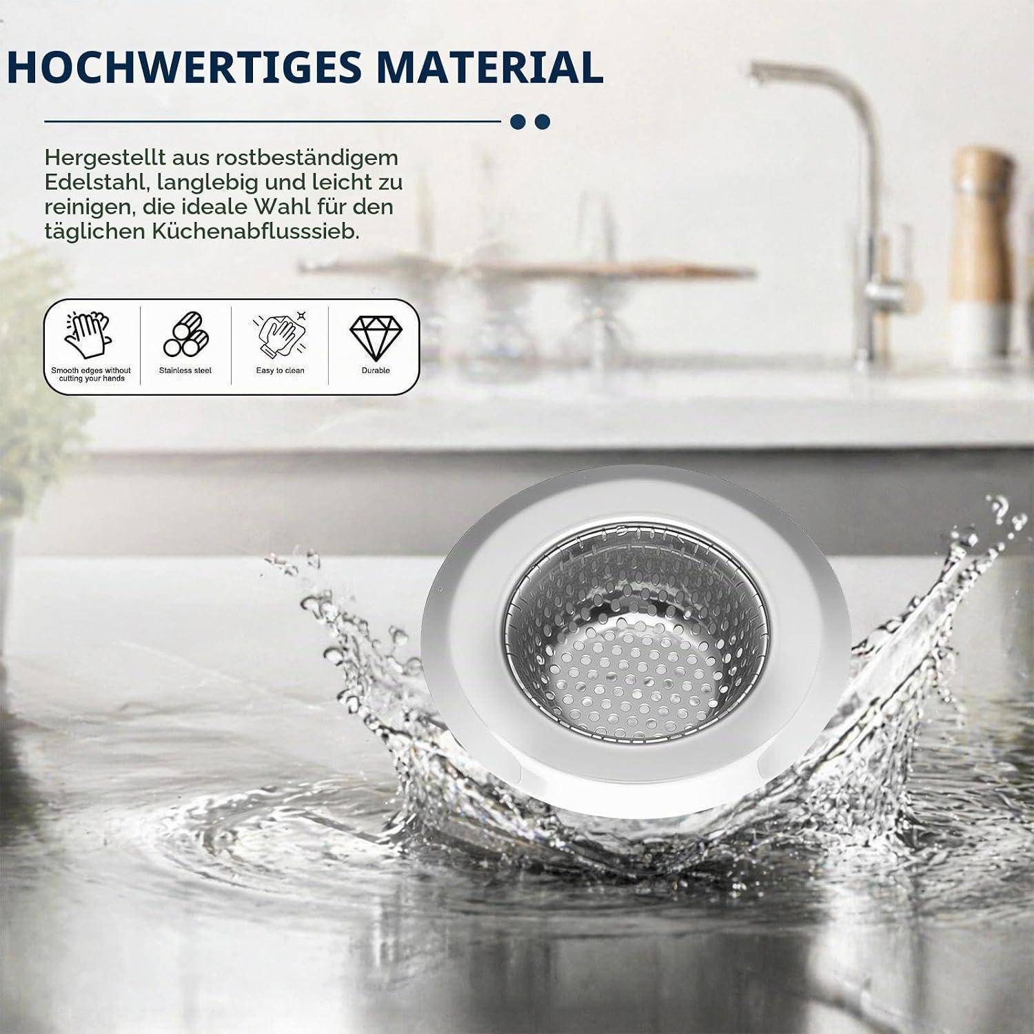Werbung für ein Edelstahl-Küchenspülensieb, das in Wasser spritzt; deutscher Text besagt „Hochwertiges Material