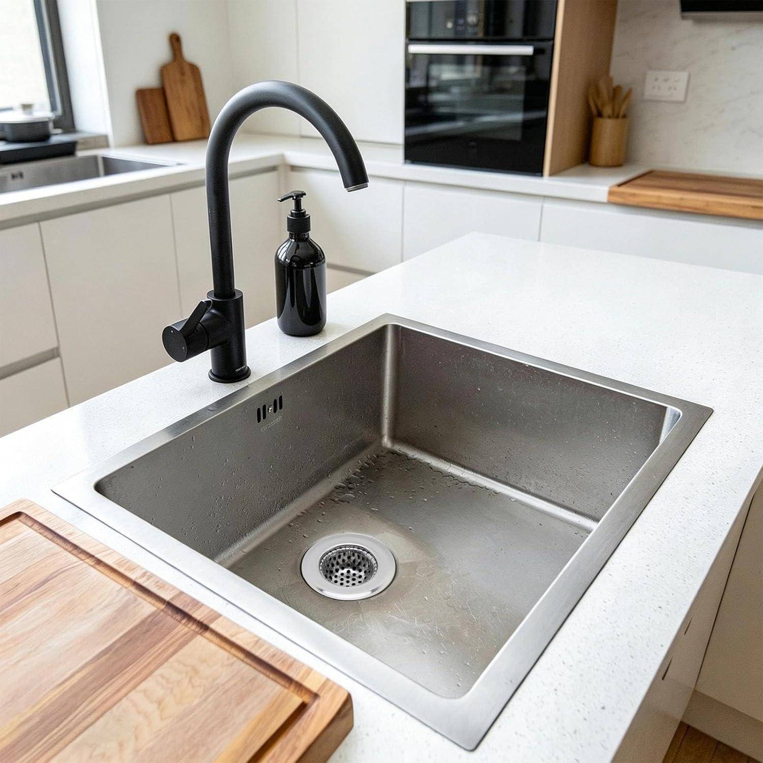 Moderne Kücheninsel mit einem Edelstahlspülbecken und mattschwarzer Armatur, in einer hellen weißen Küche mit Seifenspender und Holzschneidebrett zu sehen.
