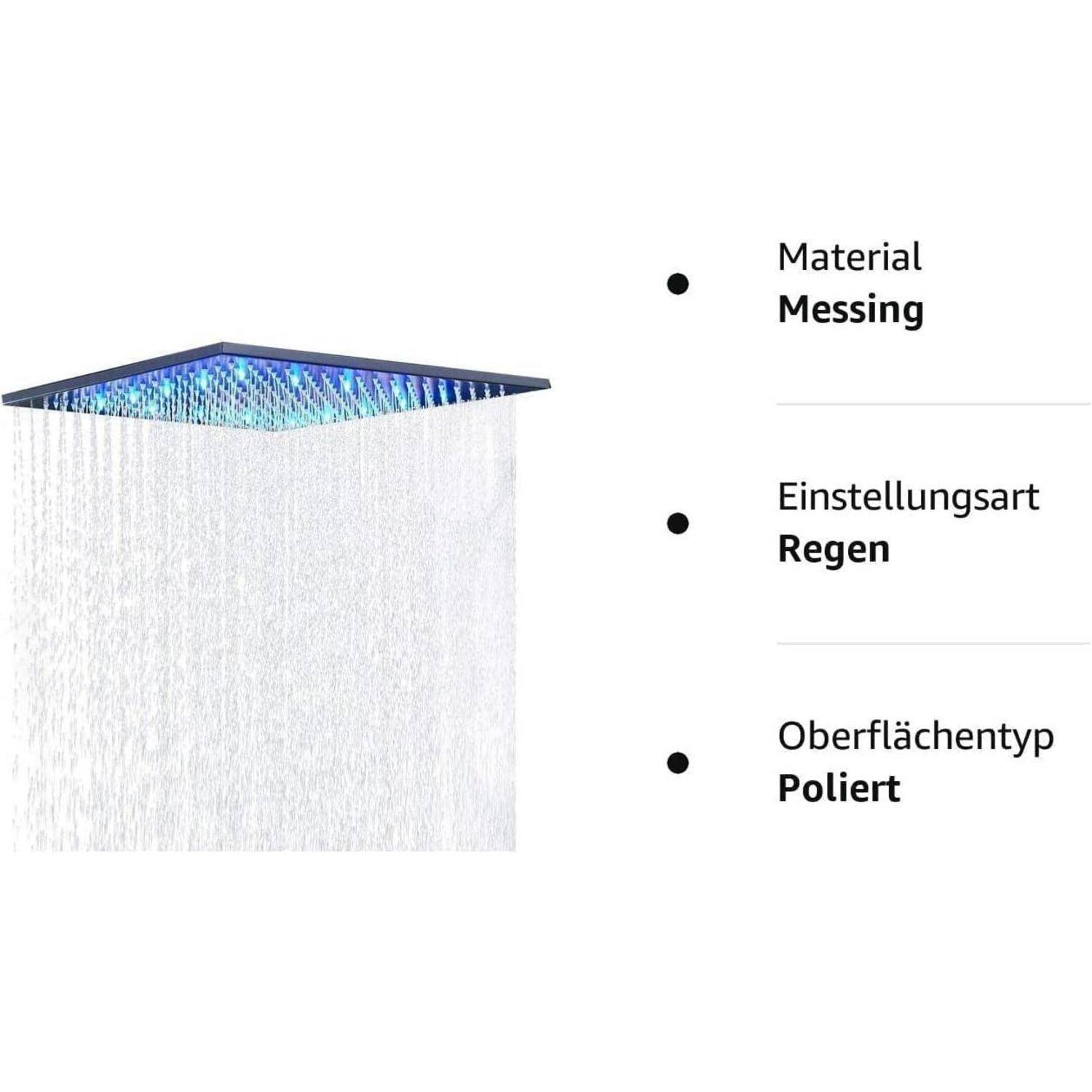 Quadratischer Regenduschkopf mit gebürstetem Messingmaterial, Regensprühmodus und polierter Oberfläche.
