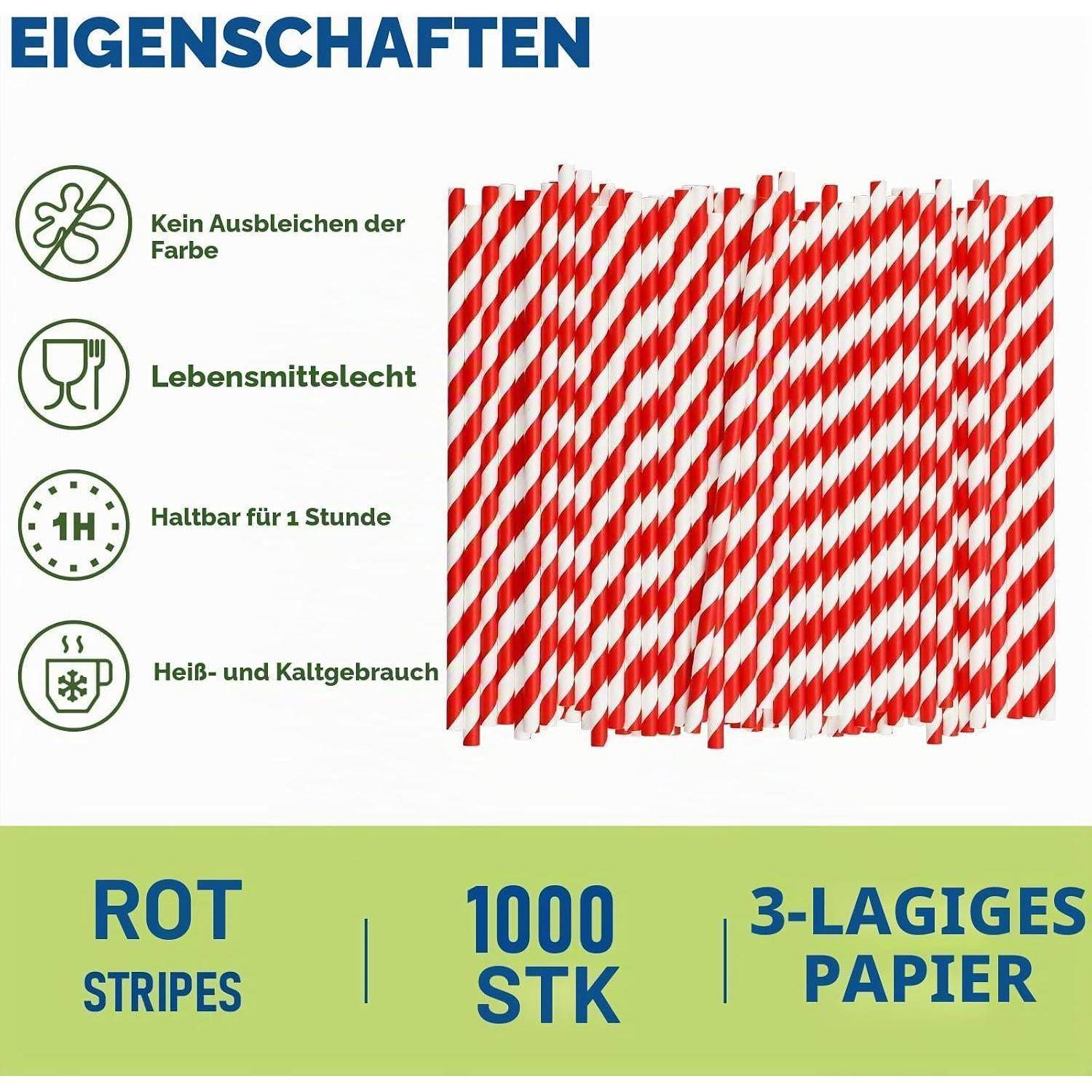 [1000 Stück] Einweg Papierstrohhalme Großpackung, Rot Weiß Gestreift, 100% Biologisch Abbaubar, 19,7 cm x 0,6 cm Rote Streifen 1000