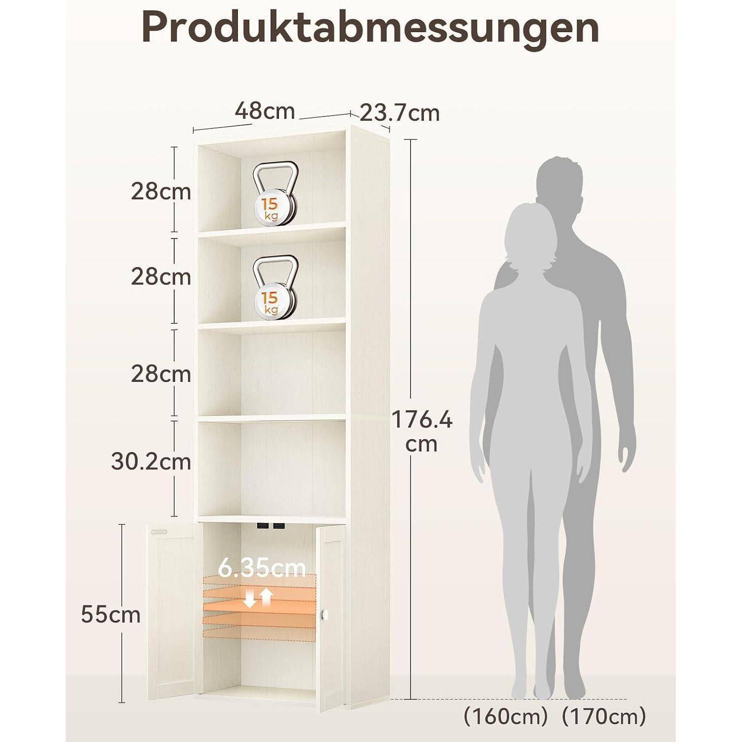 Coleshome Bücherregal mit Türen Regal mit 6 Ebenen, Bücherschrank 48 x 24 x 176.4 cm Schrank, Standregal zur Aufbewahrung und Präsentation für Wo